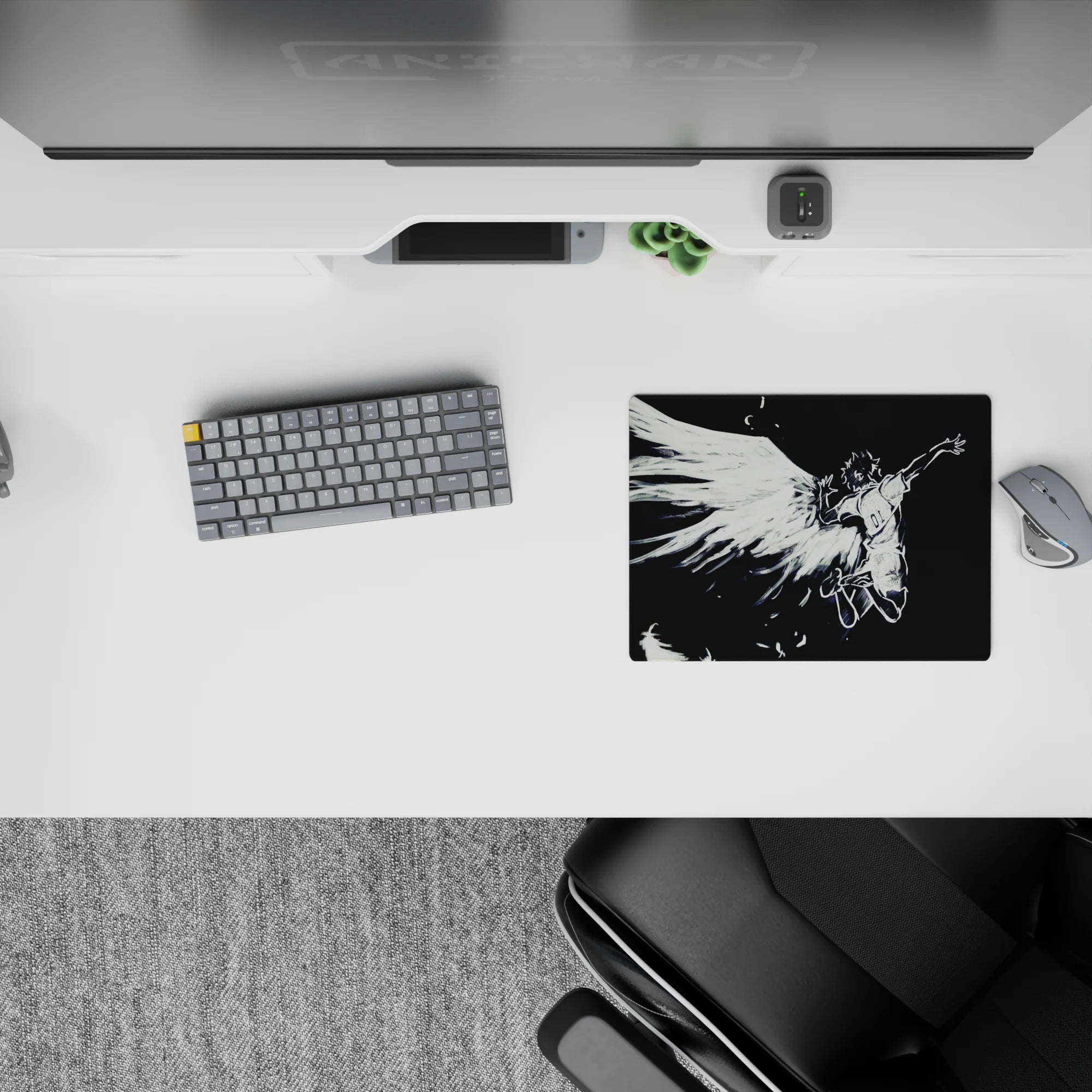 Black-and-white anime mouse pad 14x10 inches, dramatic and haunting vibe with ink-brush kanji accent.