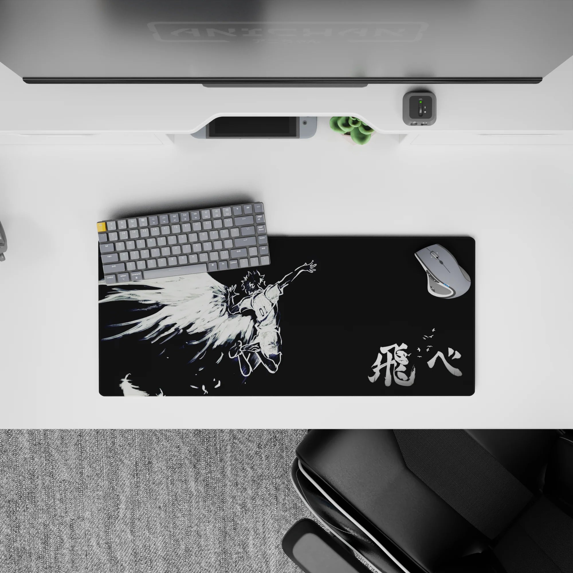 28x12 inches anime mouse pad in stark black and white, haunting calm vibe with bold ink-brush kanji.