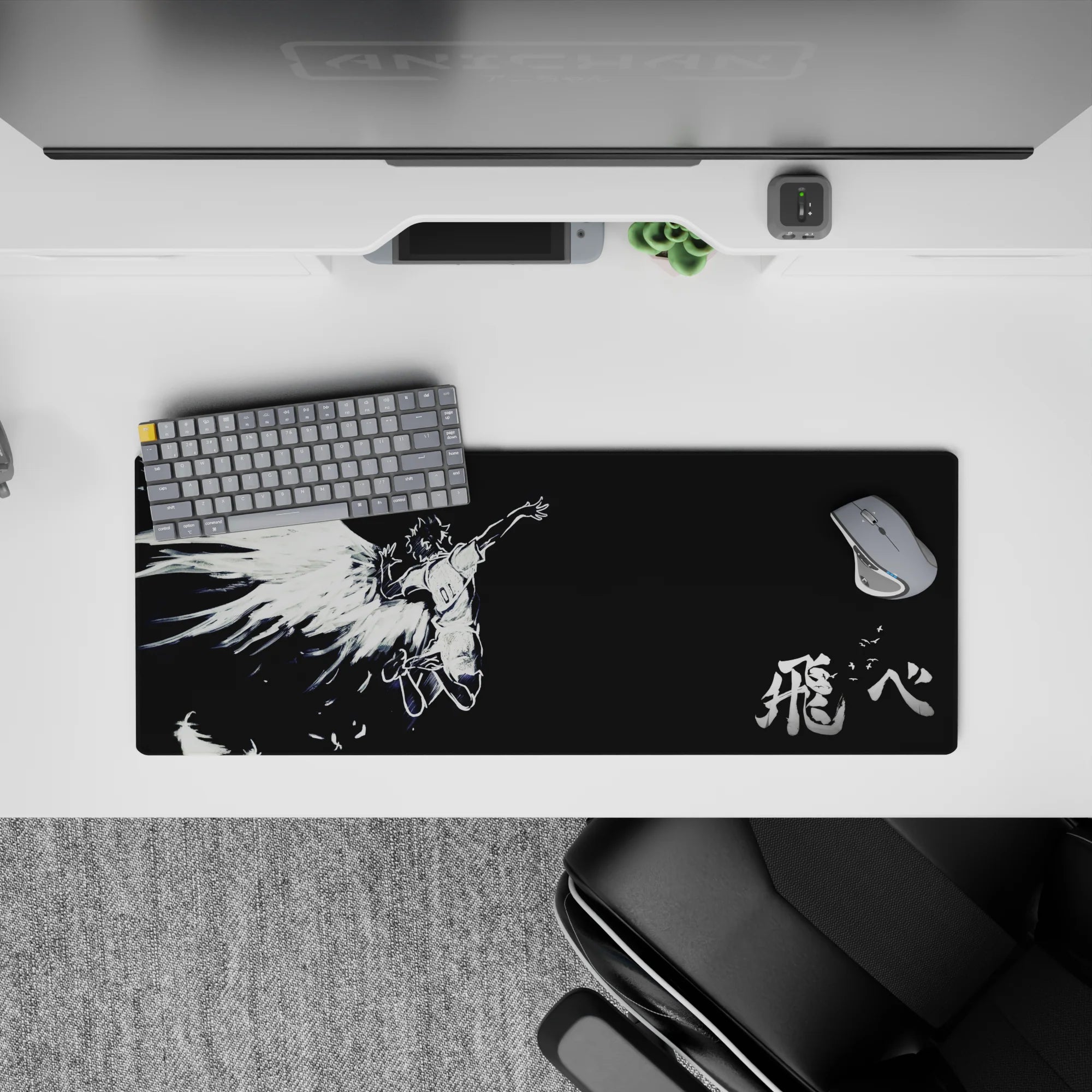 32x12 inches anime mouse pad in stark black and white, dramatic and haunting for calm late-night focus.