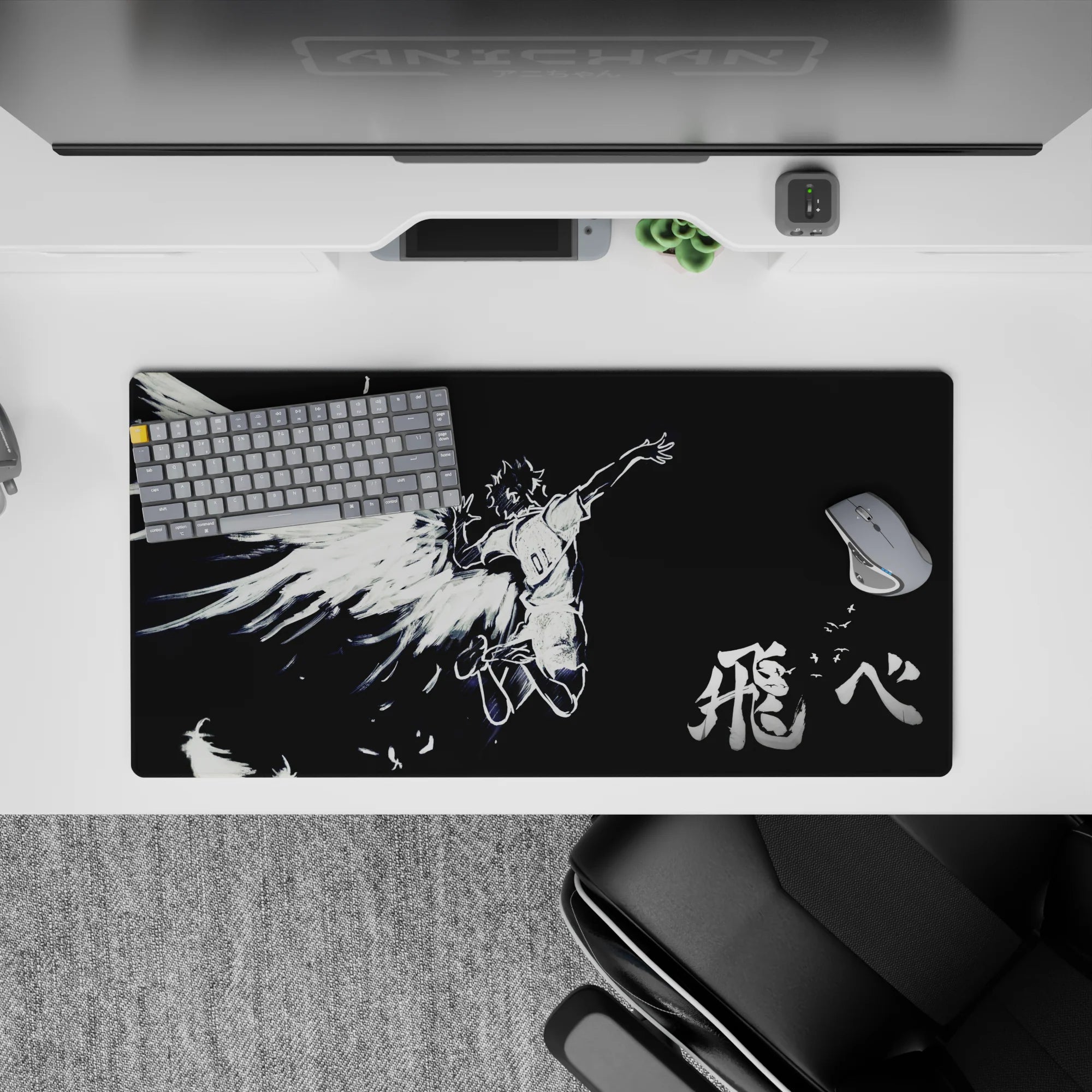 32x16 inches black-and-white anime mouse pad, dramatic and haunting, clean lines for late-night focus.