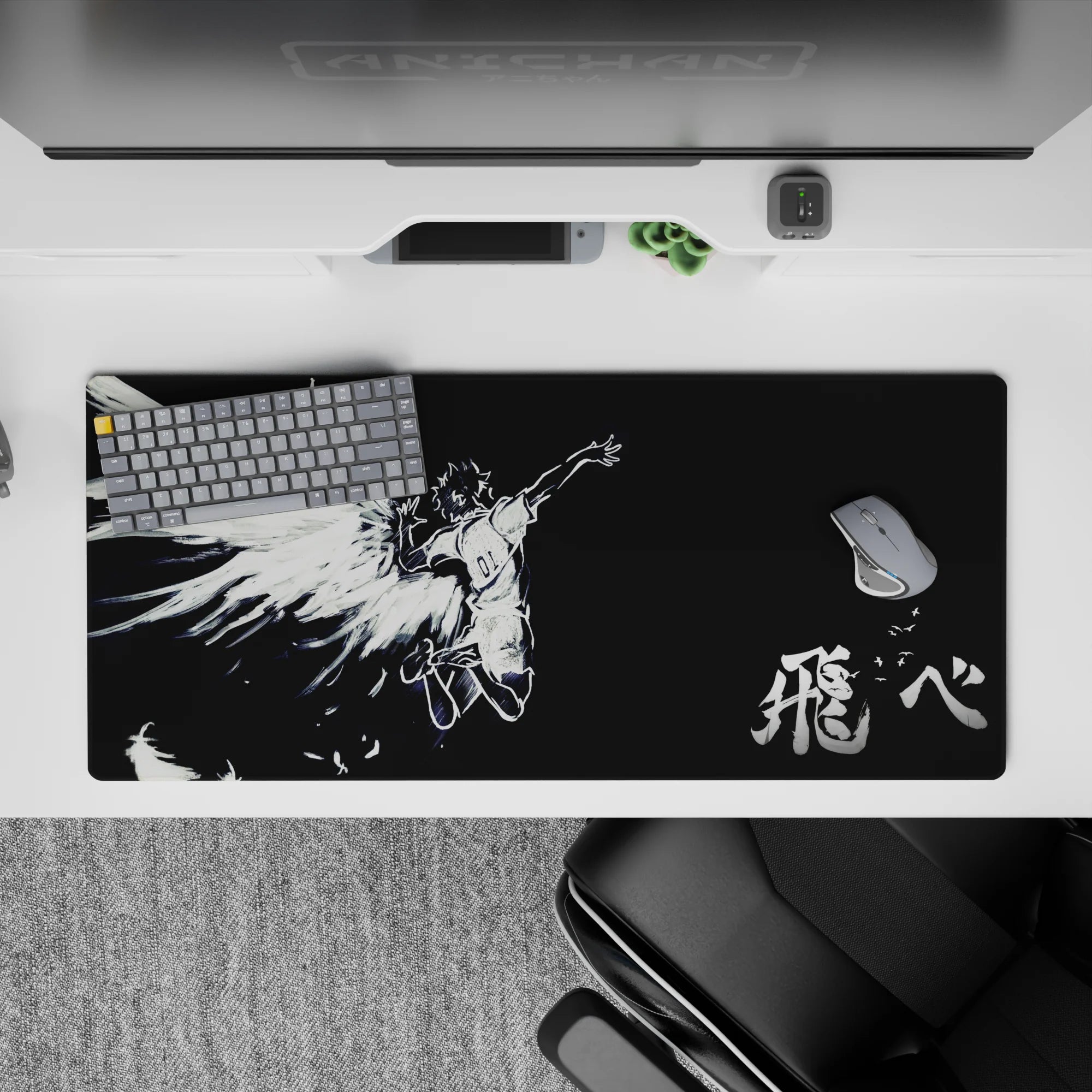 36x16 inches black anime desk pad with stark white angel line art, dramatic and haunting late-night vibe.