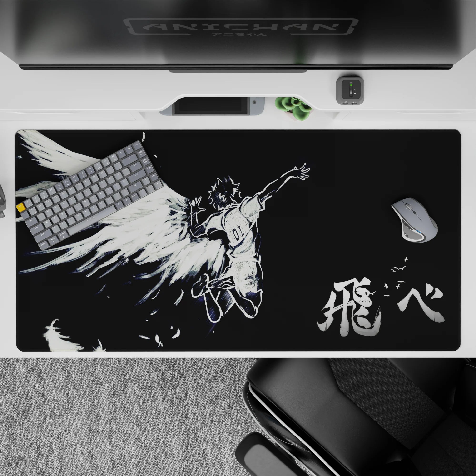 40x20 inches anime desk pad, stark black and white, dramatic and haunting, made for late-night focus.
