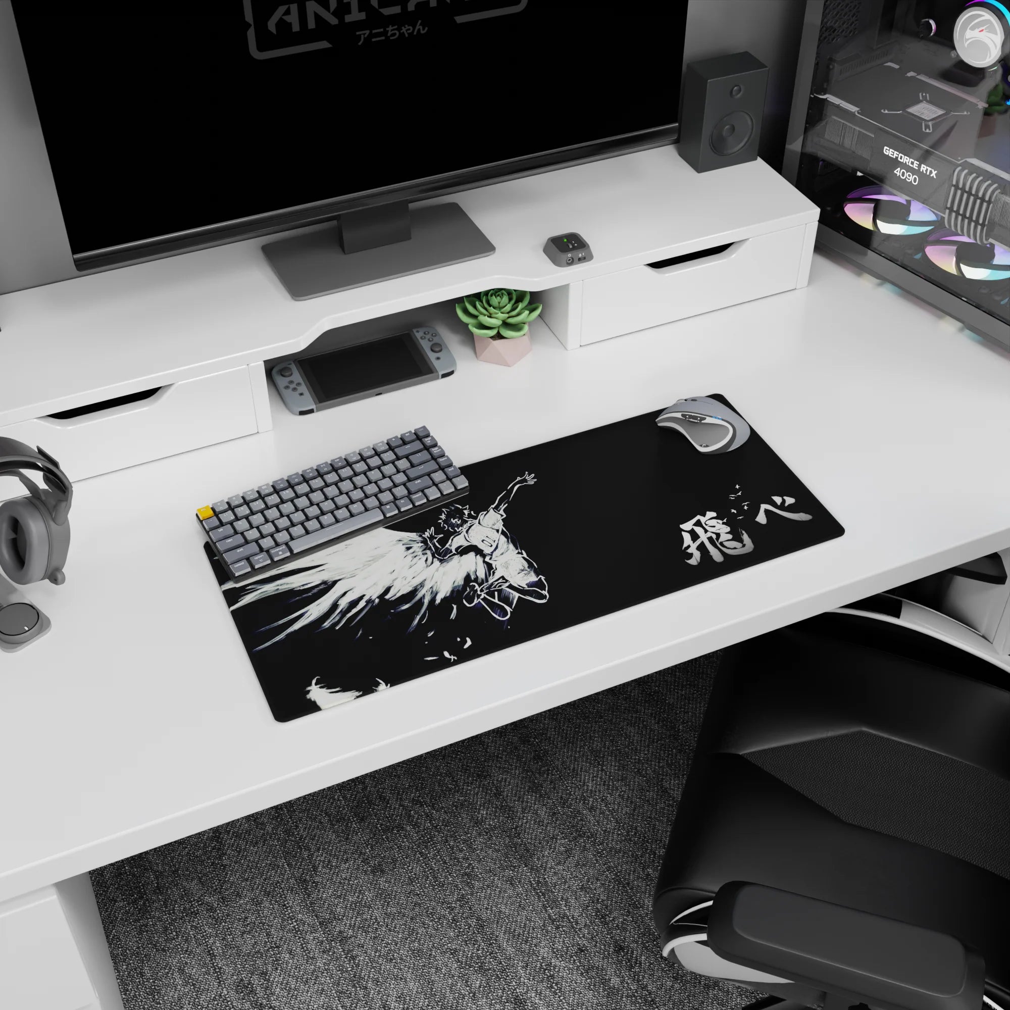 28x12 inches anime mouse pad showing a winged angel mid-flight, arms wide, hair whipping, sporty jersey.