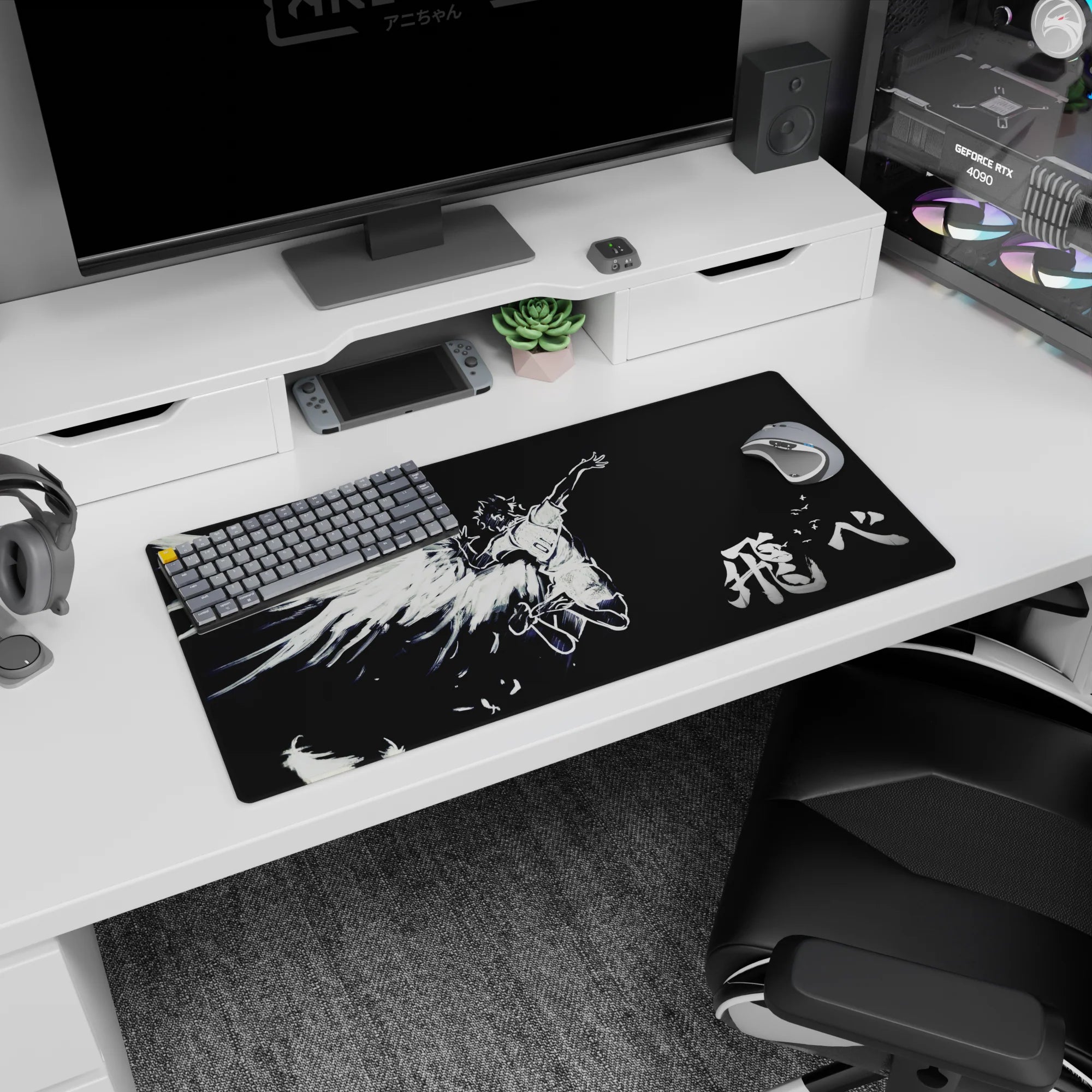 32x16 inches anime mouse pad showing a sporty angel with windblown hair, arms spread, wings filling frame.