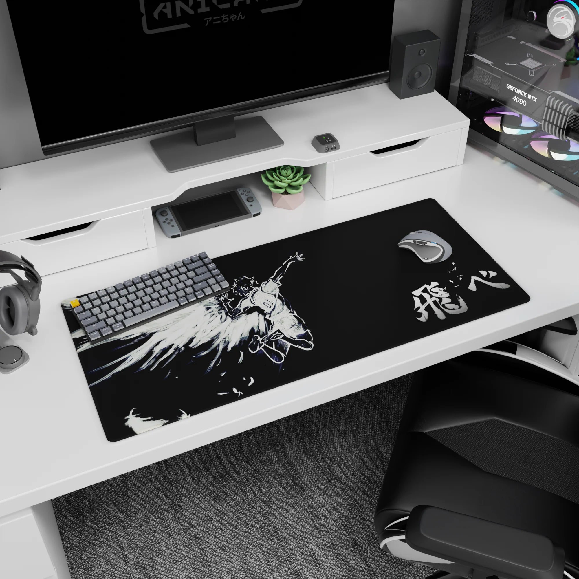36x16 inches anime desk pad showing a sporty angel mid-leap, arms spread, hair whipping, giant wings.