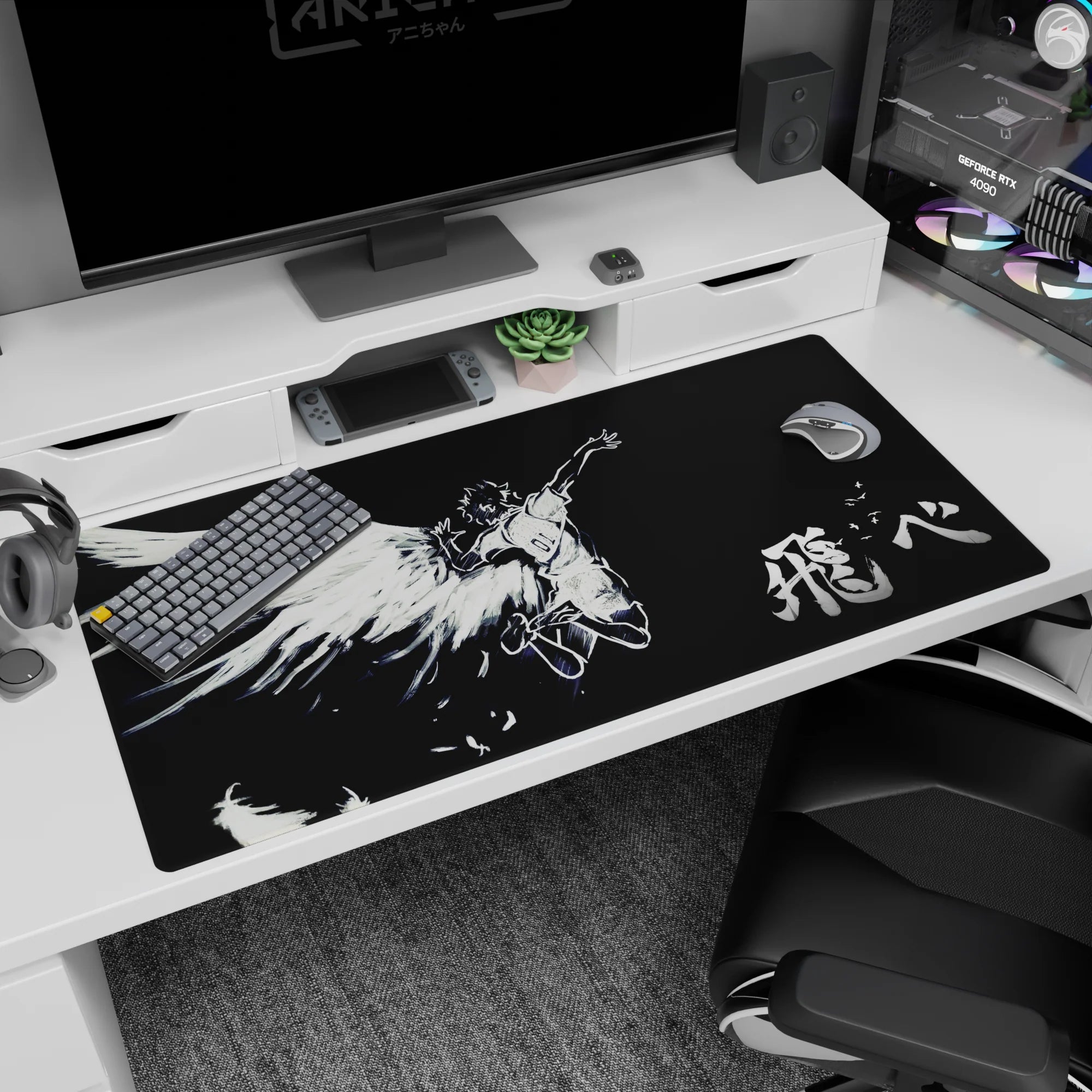 40x20 inches anime desk pad featuring a sporty angel mid-leap, arms spread, hair whipping, wings wide.
