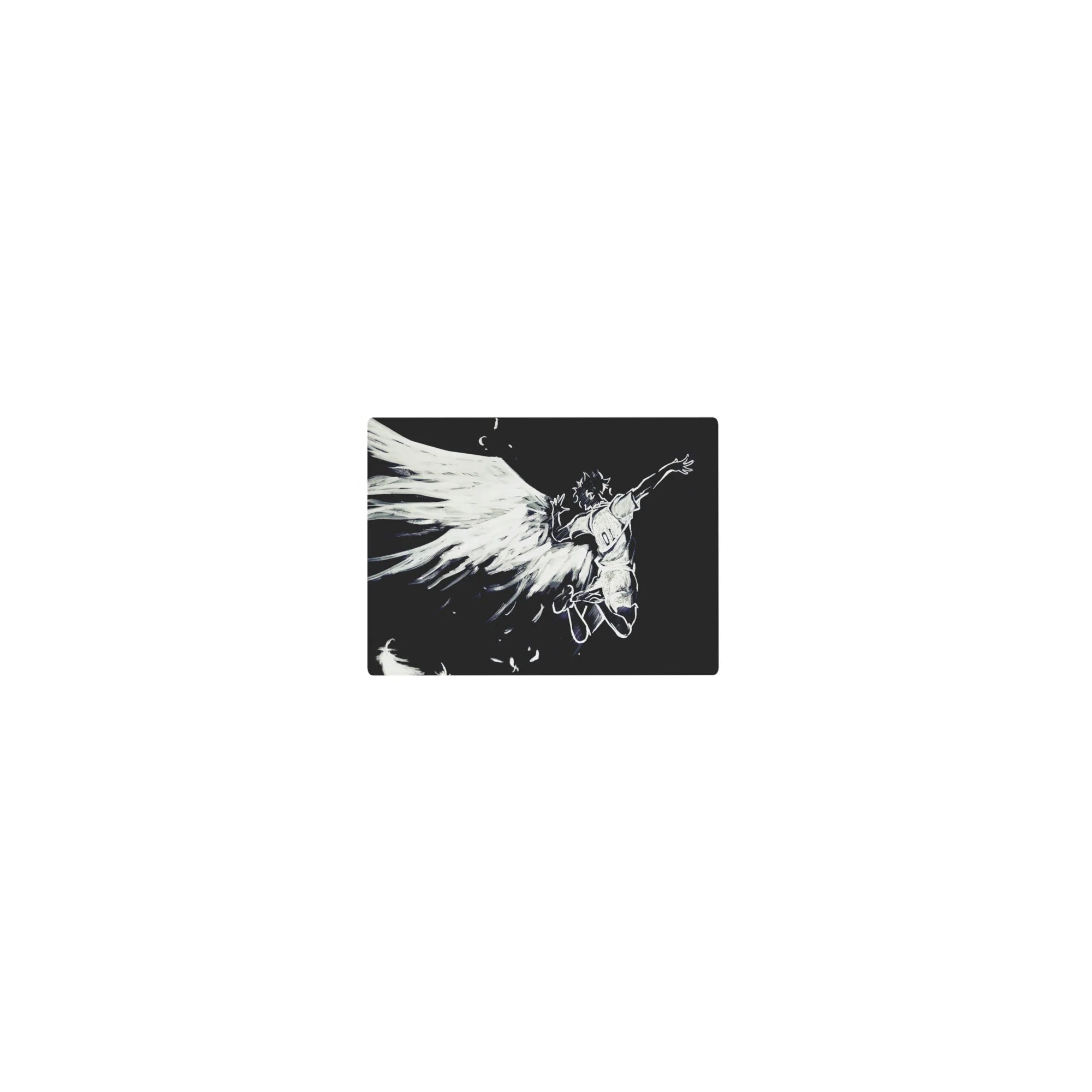 Classic anime mouse pad 14x10 inches with sketchy angel, sweeping wings, and bold kanji on black.