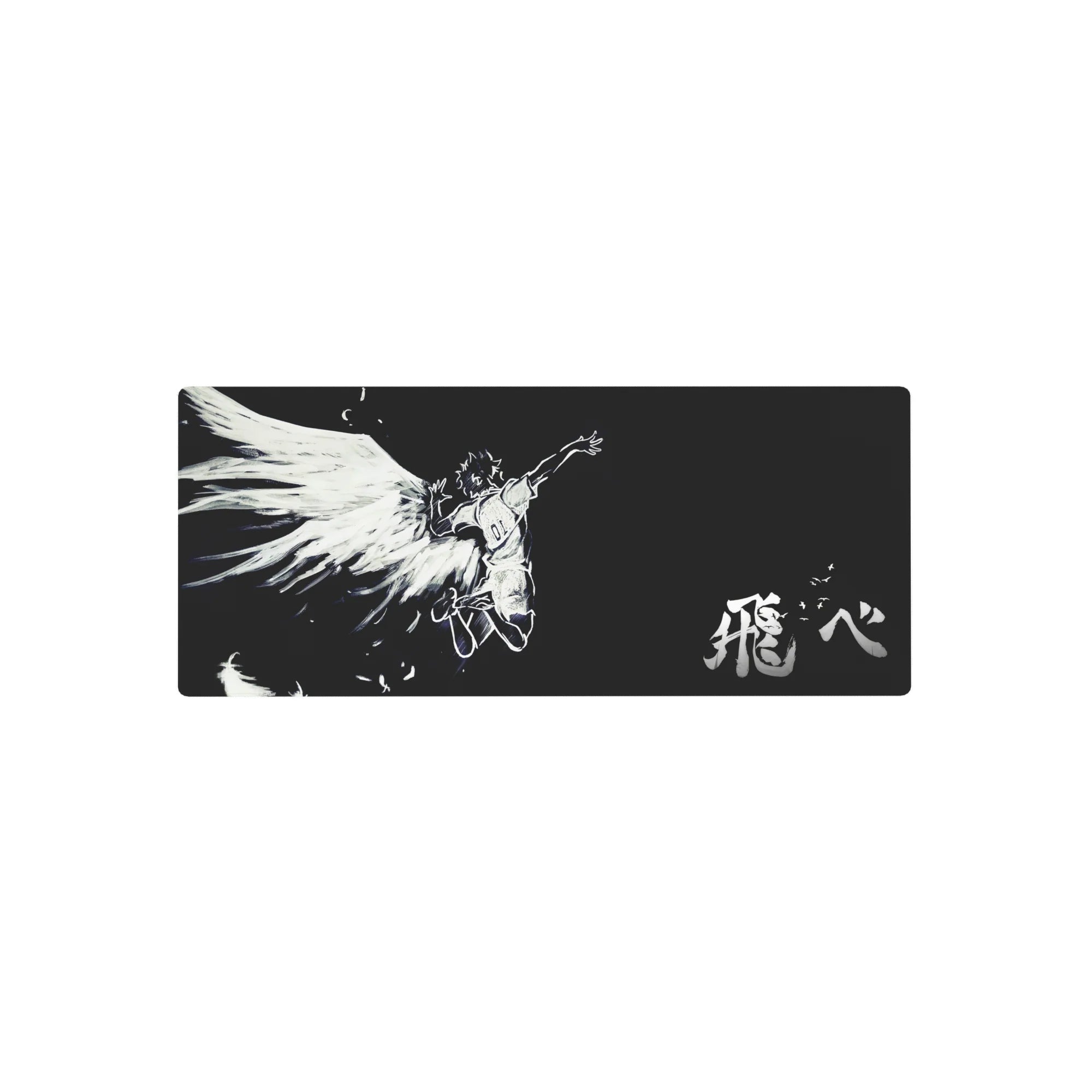 28x12 inches anime mouse pad with black background, white sketch angel, huge wings, and kanji lettering.