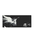 28x12 inches anime mouse pad with black background, white sketch angel, huge wings, and kanji lettering.