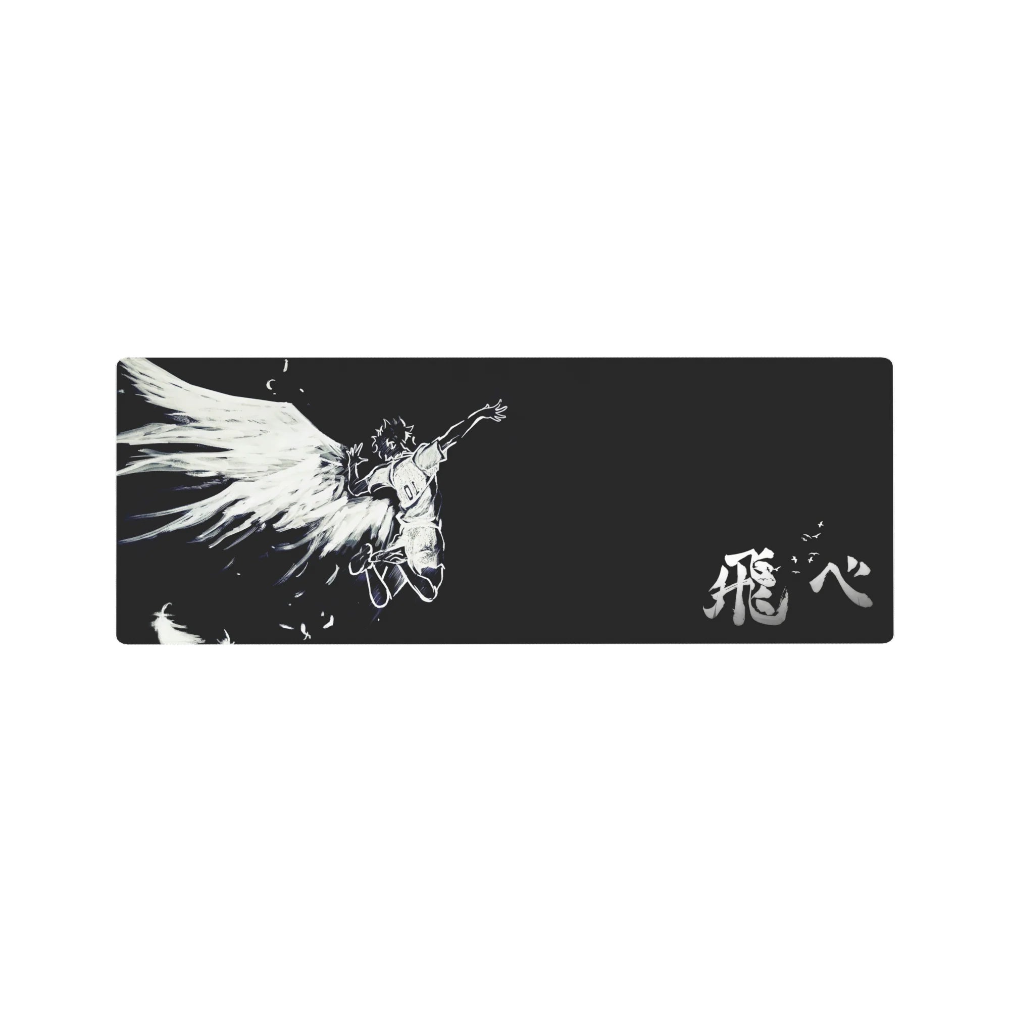 32x12 inches anime mouse pad with white sketch angel in flight on black, huge wings and kanji text.