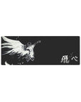 32x12 inches anime mouse pad with white sketch angel in flight on black, huge wings and kanji text.