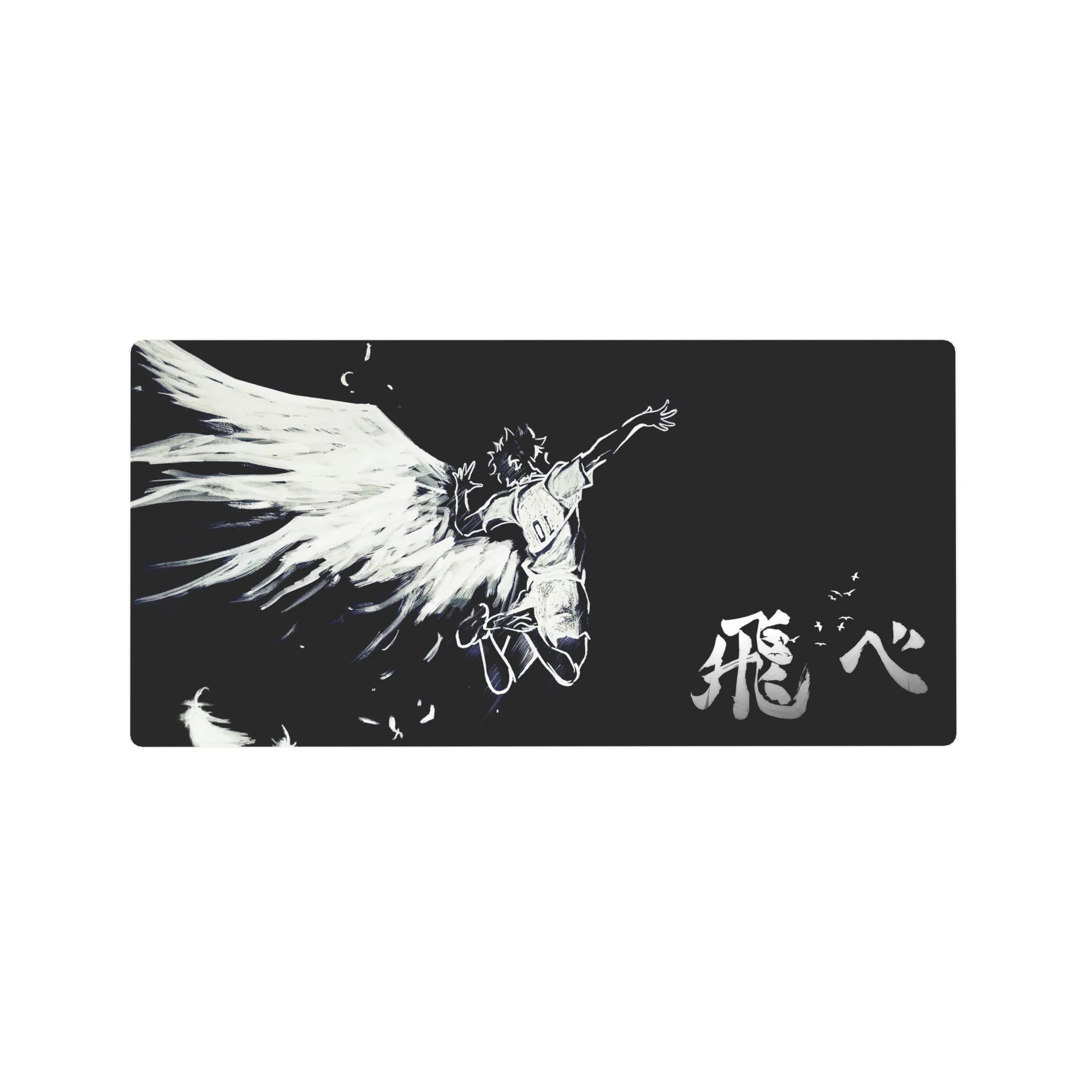 32x16 inches anime mouse pad with sketchy white angel in flight on black, sweeping wings and kanji ink.