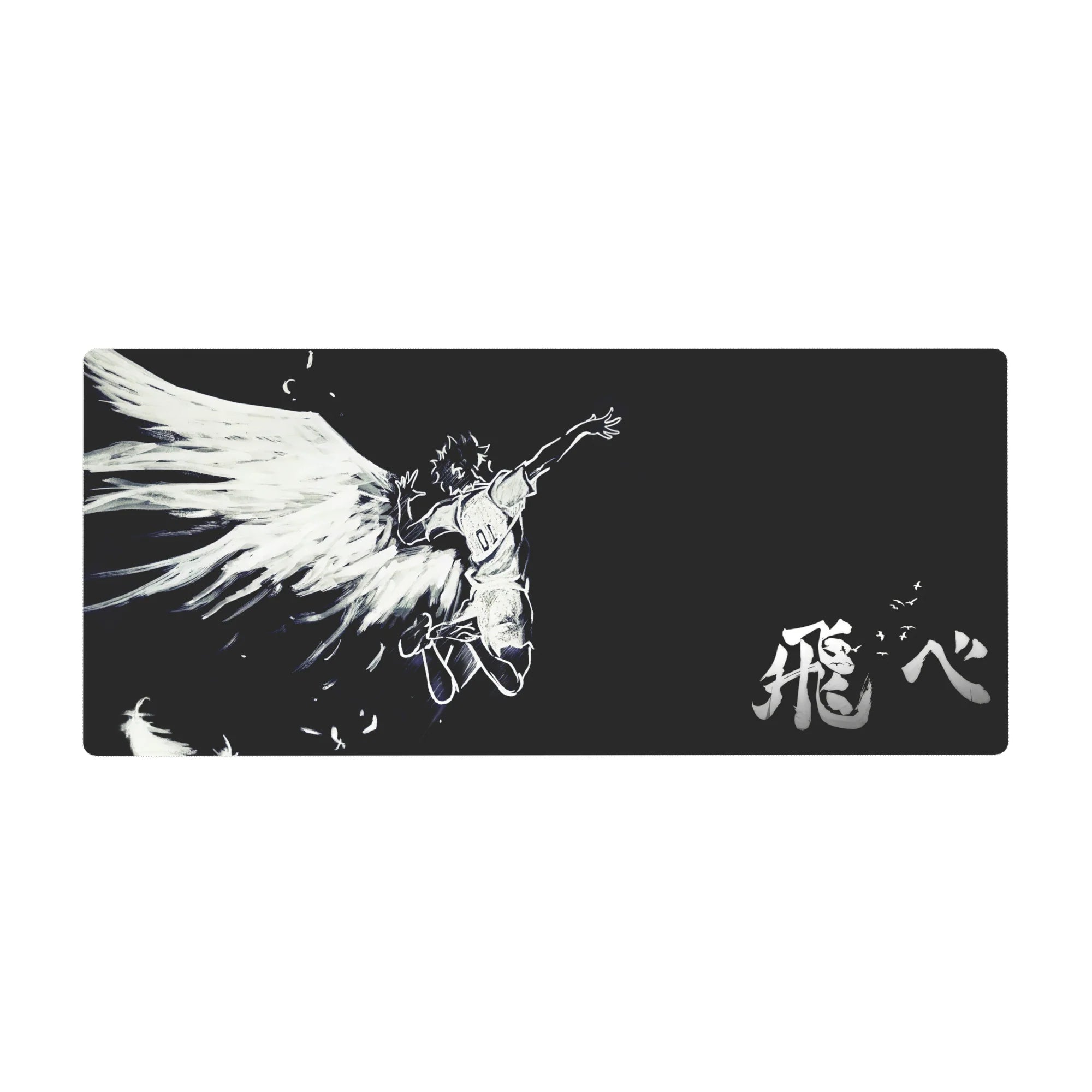 36x16 inches anime desk pad with sketchy angel in flight, sweeping wings and bold kanji on black.