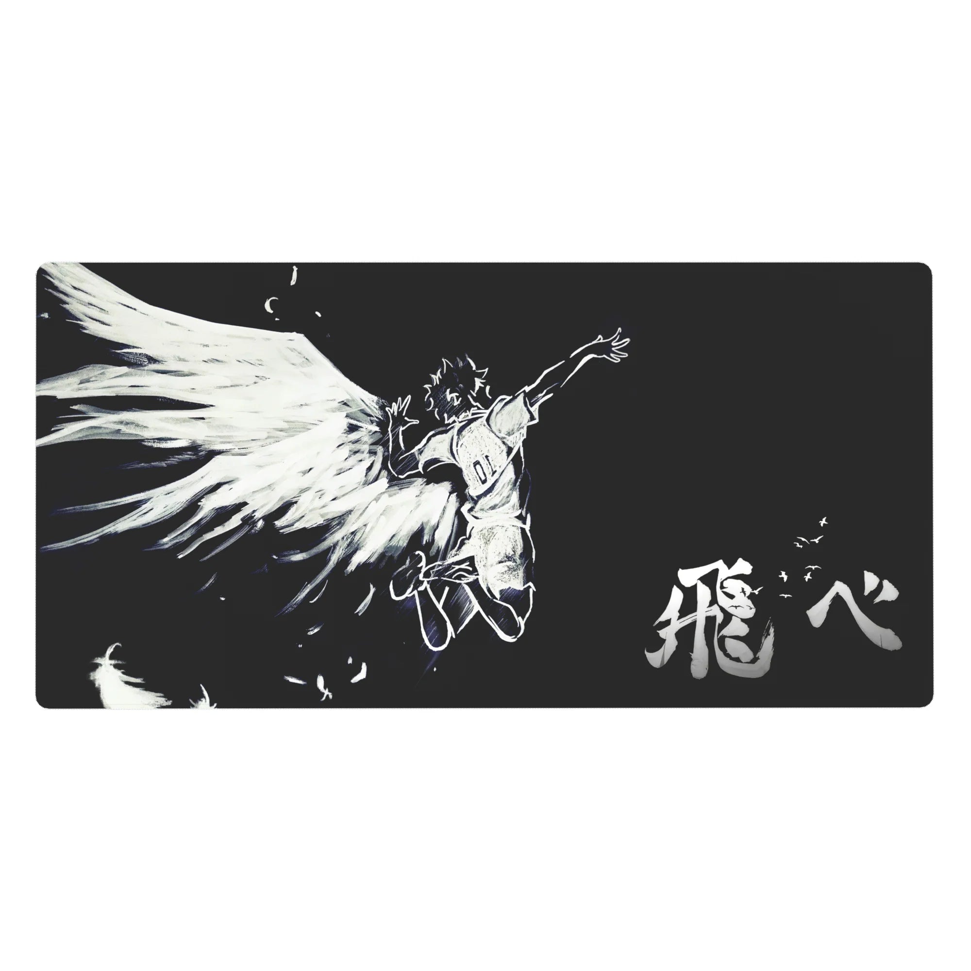 40x20 inches anime desk pad with white sketch angel in flight, huge wings, and bold kanji on black.