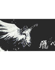 40x20 inches anime desk pad with white sketch angel in flight, huge wings, and bold kanji on black.
