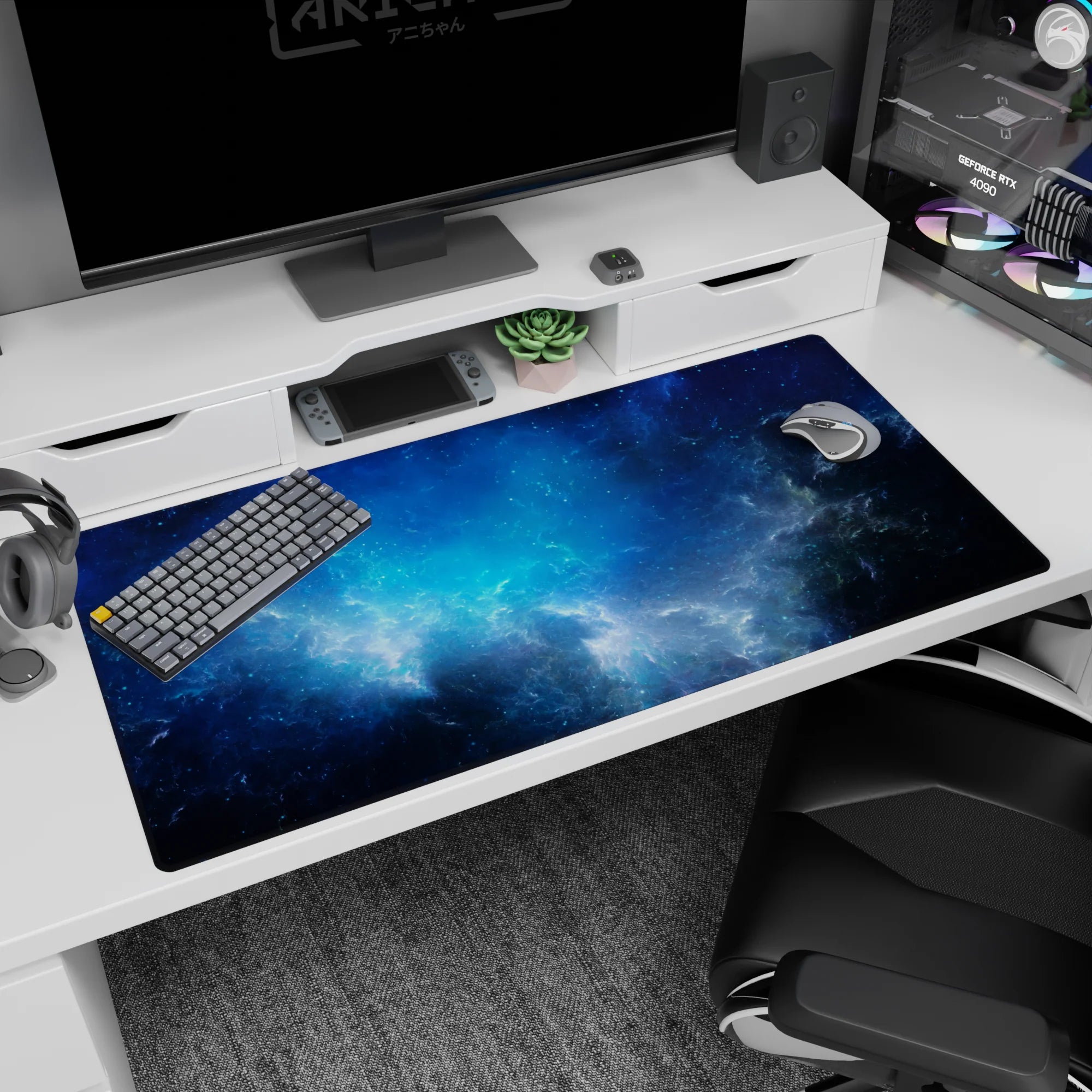 Cosmic night sky scene desk pad with cloudy nebula wisps and scattered stars, 40x20 inches.