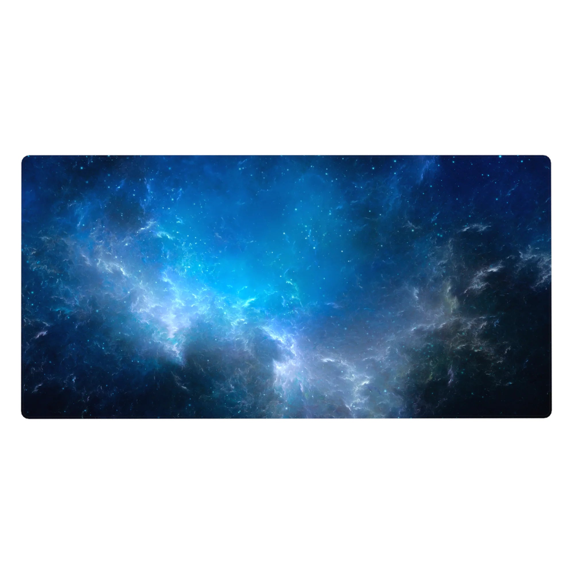 Deep space nebula desk pad with star-specks and swirling sky pattern, 40x20 inches.