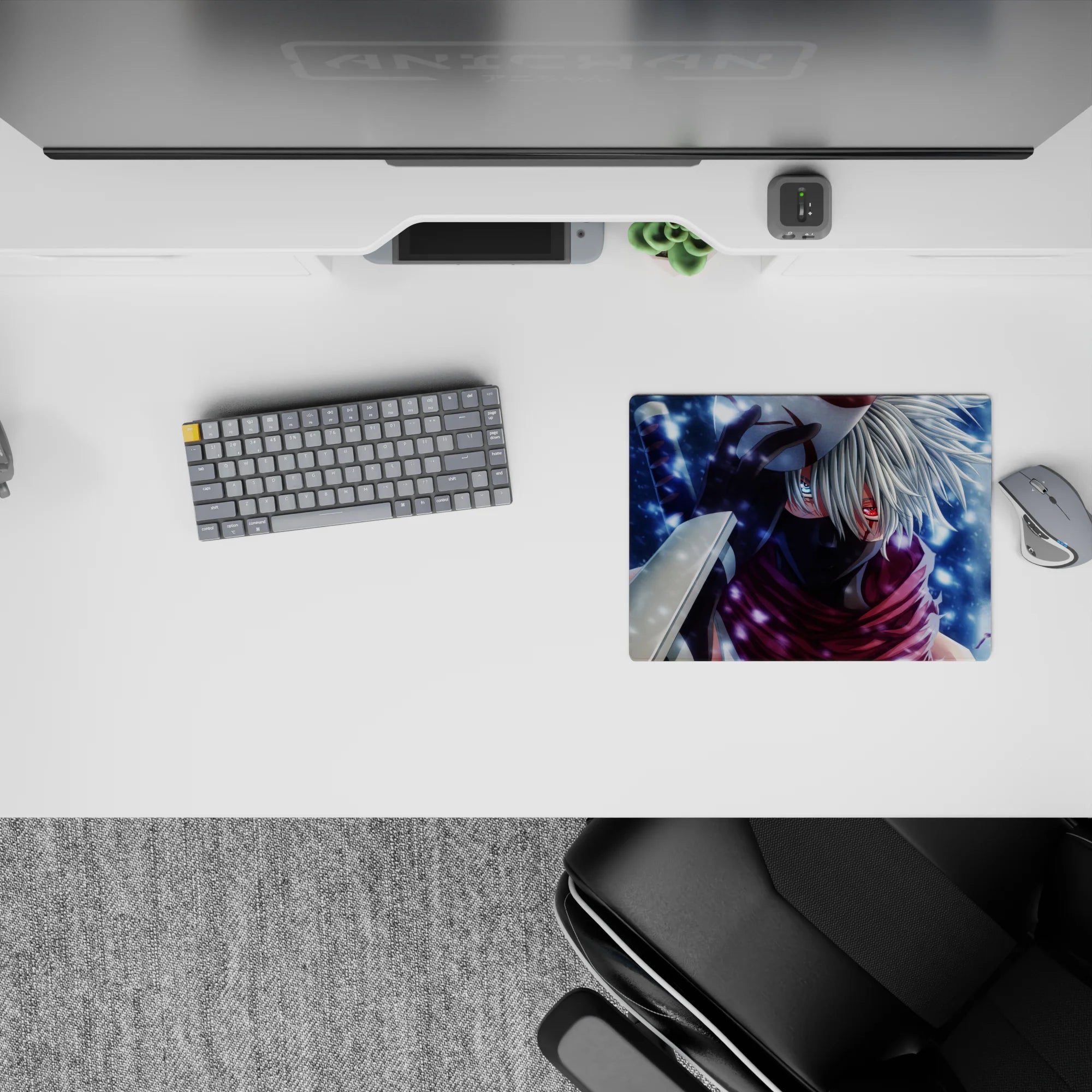 Cool blue and misty white anime mouse pad 14x10 inches with crimson-violet scarf, calm late-night vibe.