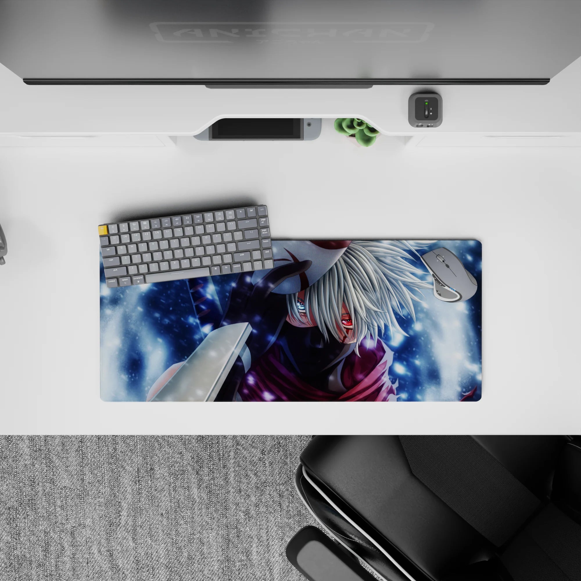 28x12 inches anime mouse pad in cool blues and misty whites with bold crimson-violet scarf, calm vibe.