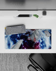 28x12 inches anime mouse pad in cool blues and misty whites with bold crimson-violet scarf, calm vibe.