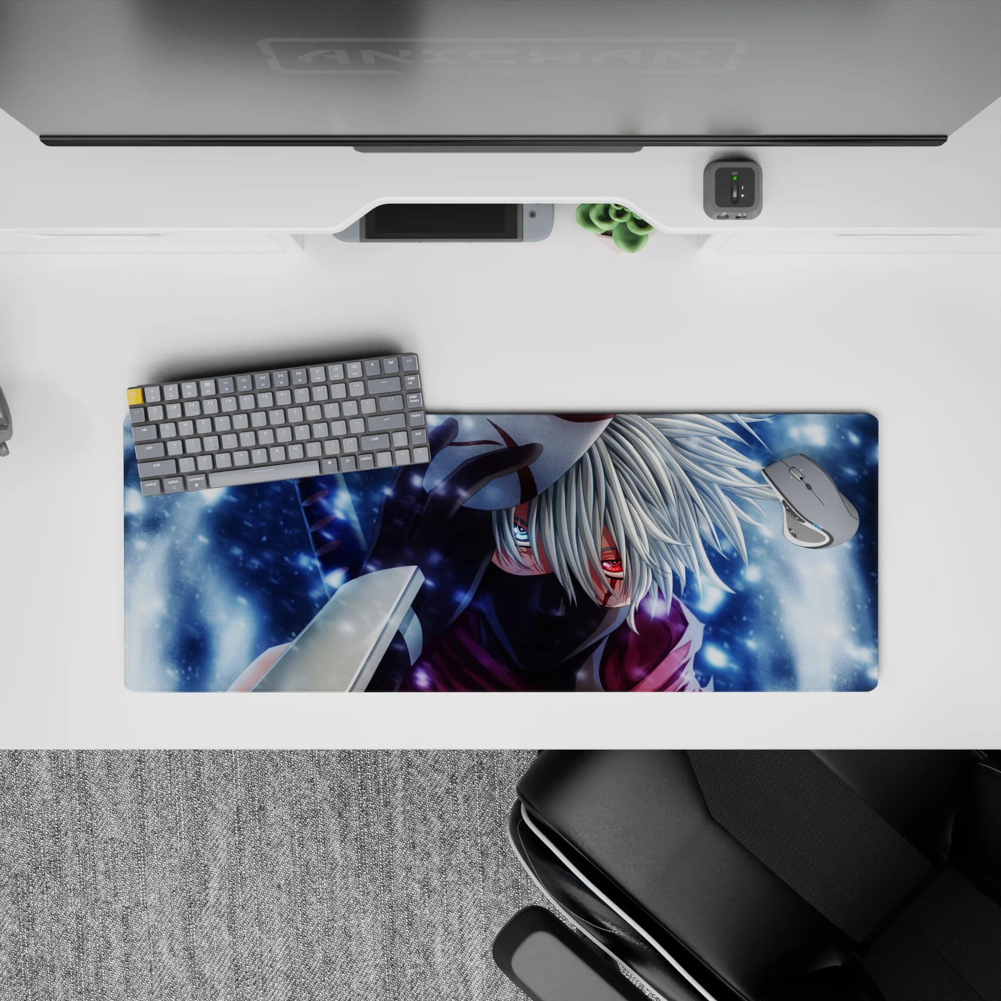 32x12 inches anime mouse pad in cool blues and misty whites with crimson-violet scarf, late-night vibe.