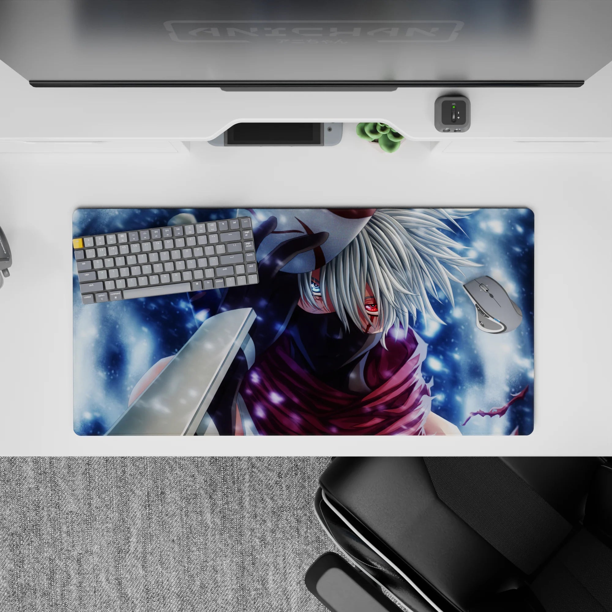 32x16 inches anime mouse pad in cool blues and misty whites with bold crimson-violet scarf accents.