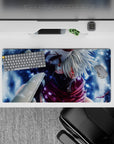 32x16 inches anime mouse pad in cool blues and misty whites with bold crimson-violet scarf accents.