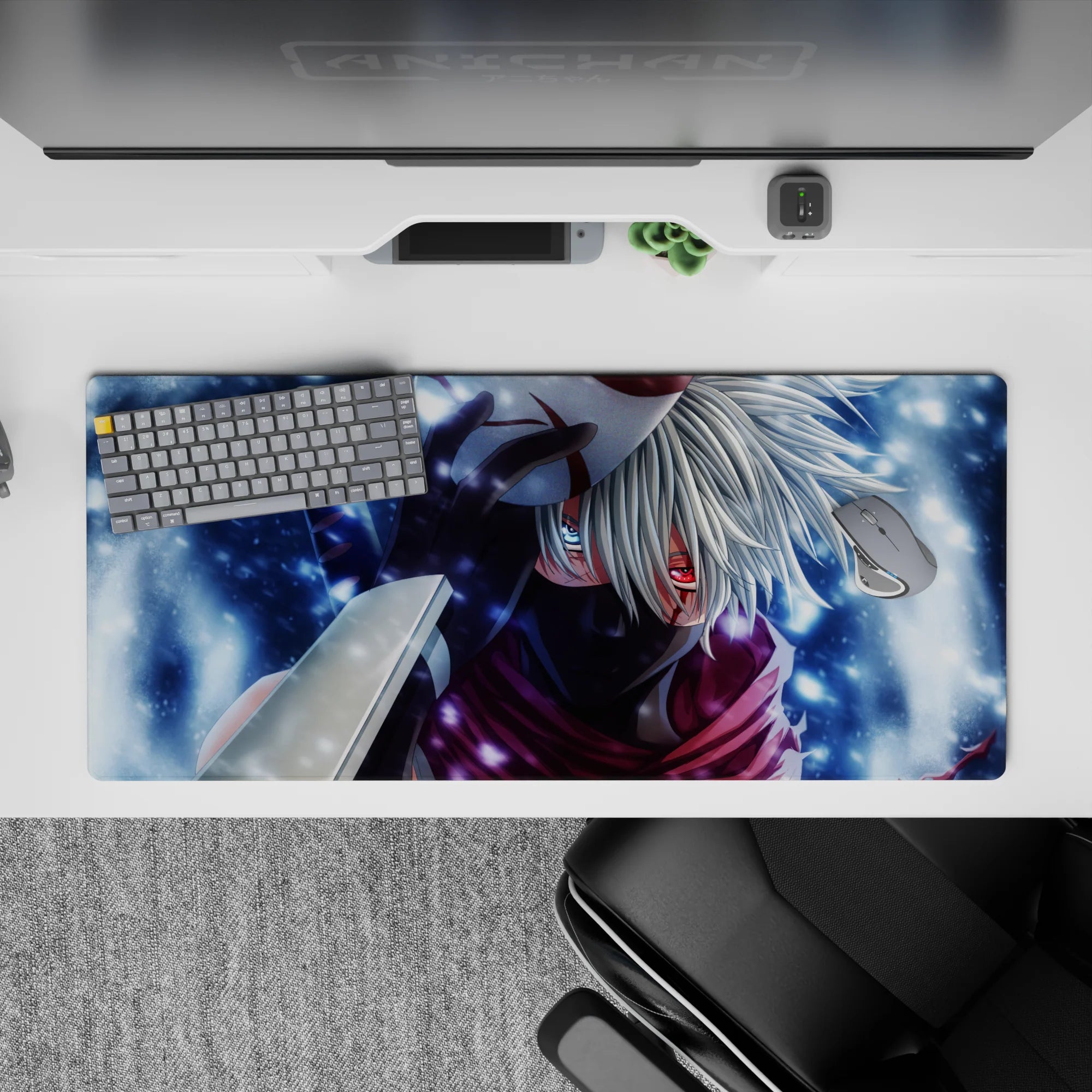 36x16 inches anime desk pad in cool blues and misty whites with crimson violet scarf, late-night vibe.