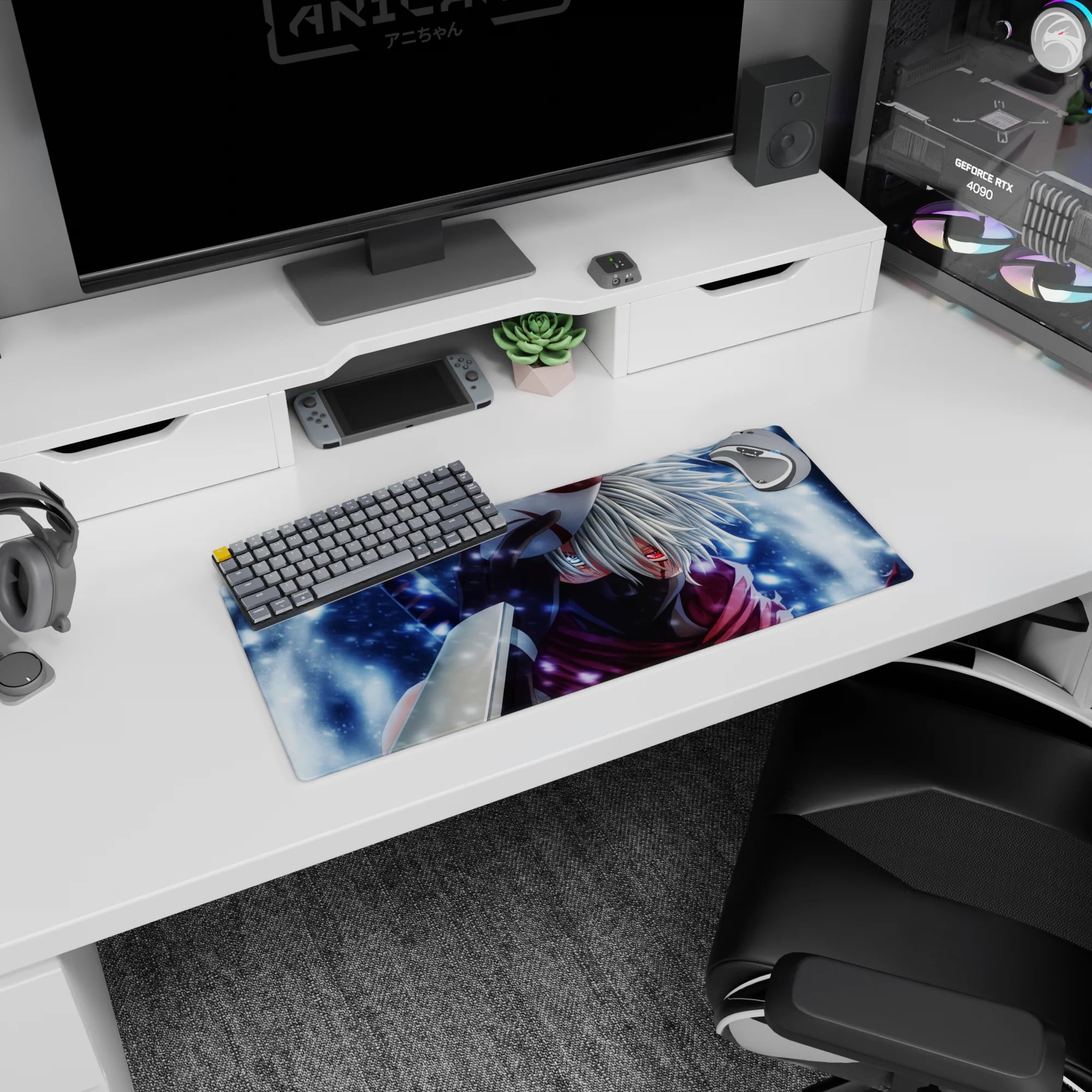 28x12 inches Naruto Kakashi Hatake mouse pad, Sharingan glowing through mask amid drifting snow.