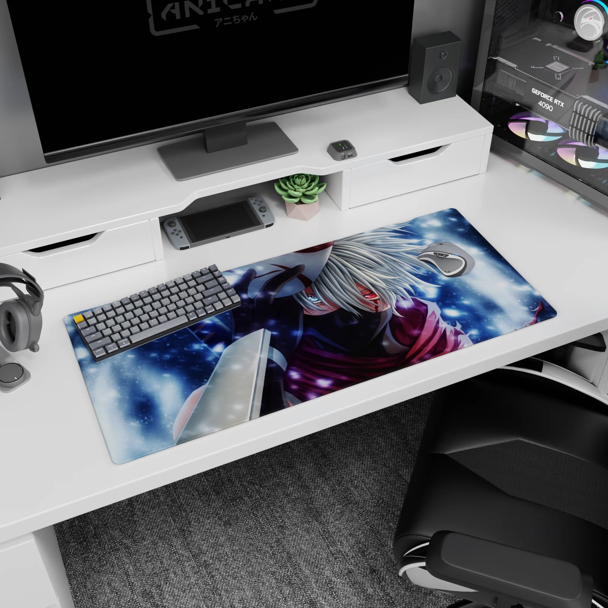 36x16 inches Naruto desk pad showing Kakashi Hatake in snow, Sharingan glowing through his iconic mask.