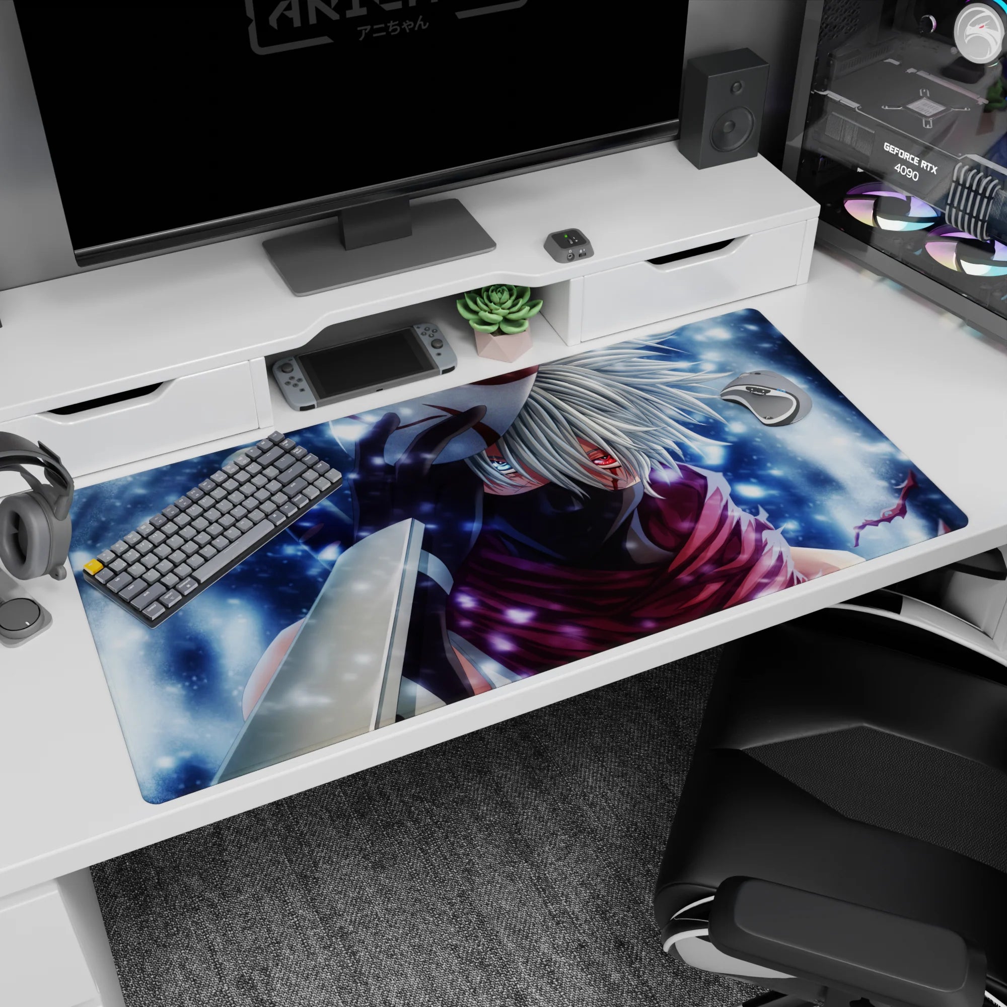 Kakashi Hatake Naruto desk pad 40x20 inches, Sharingan glowing through mask amid drifting snow.