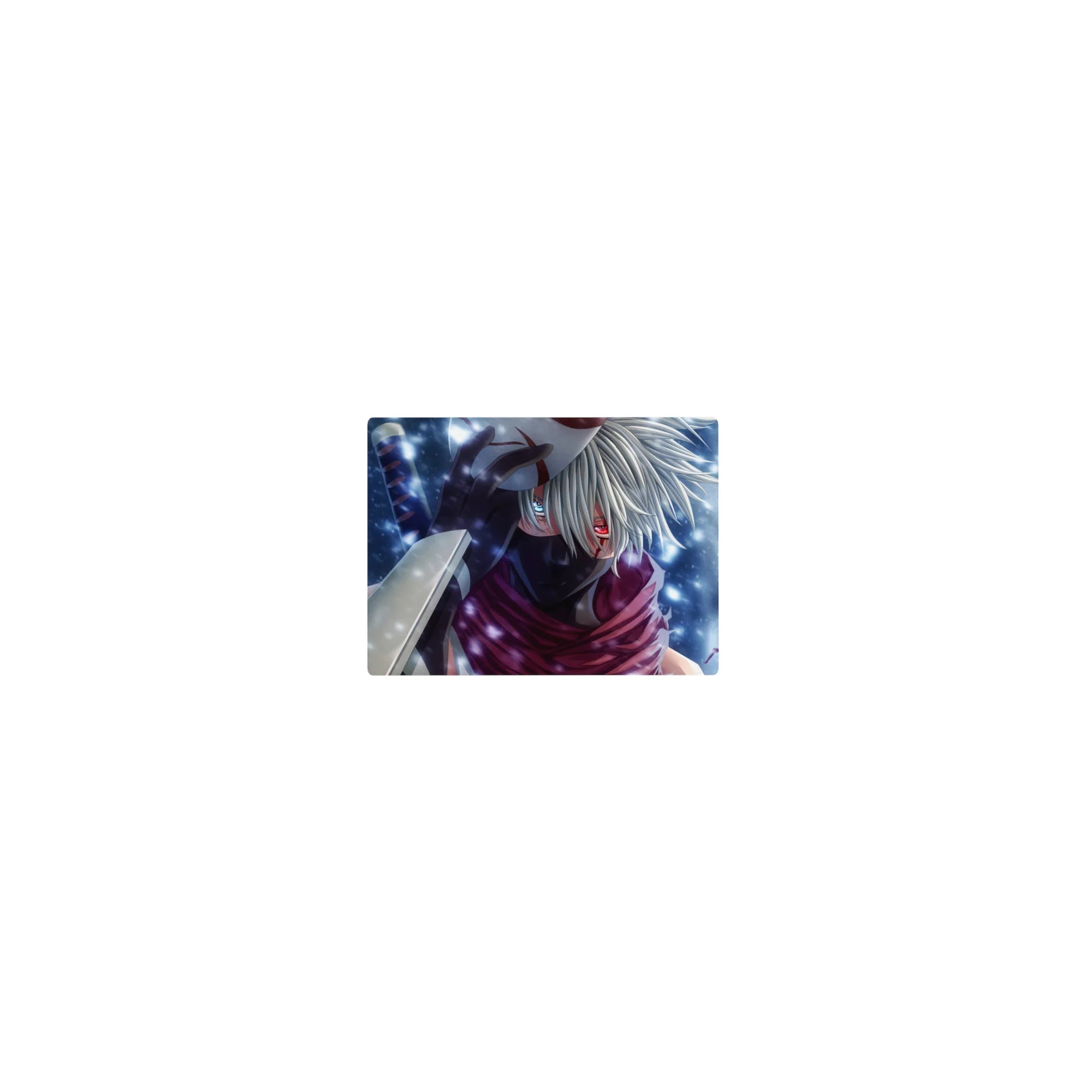 Classic anime mouse pad 14x10 inches with Kakashi mask, kunai, headband, and swirling winter backdrop.