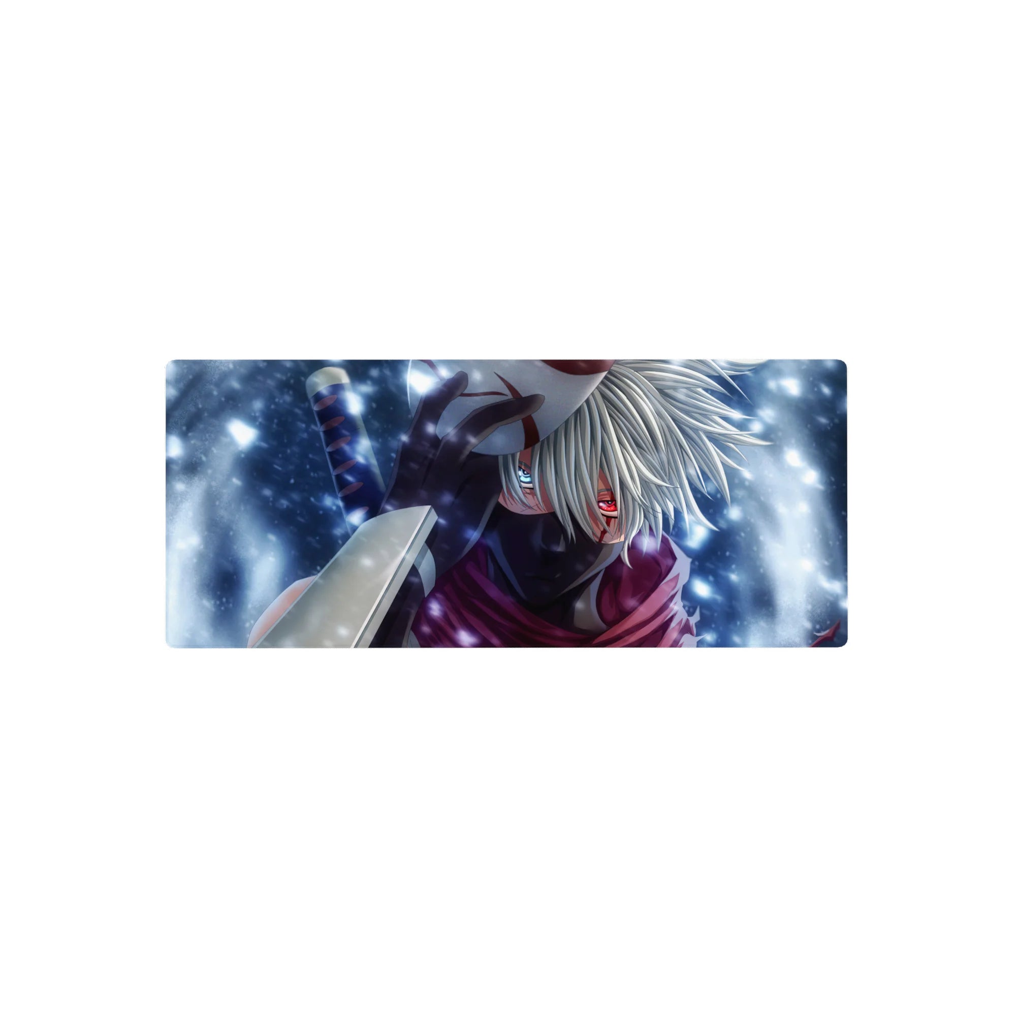 28x12 inches anime mouse pad with masked ninja, glowing eye, kunai, and snowy desk scene.