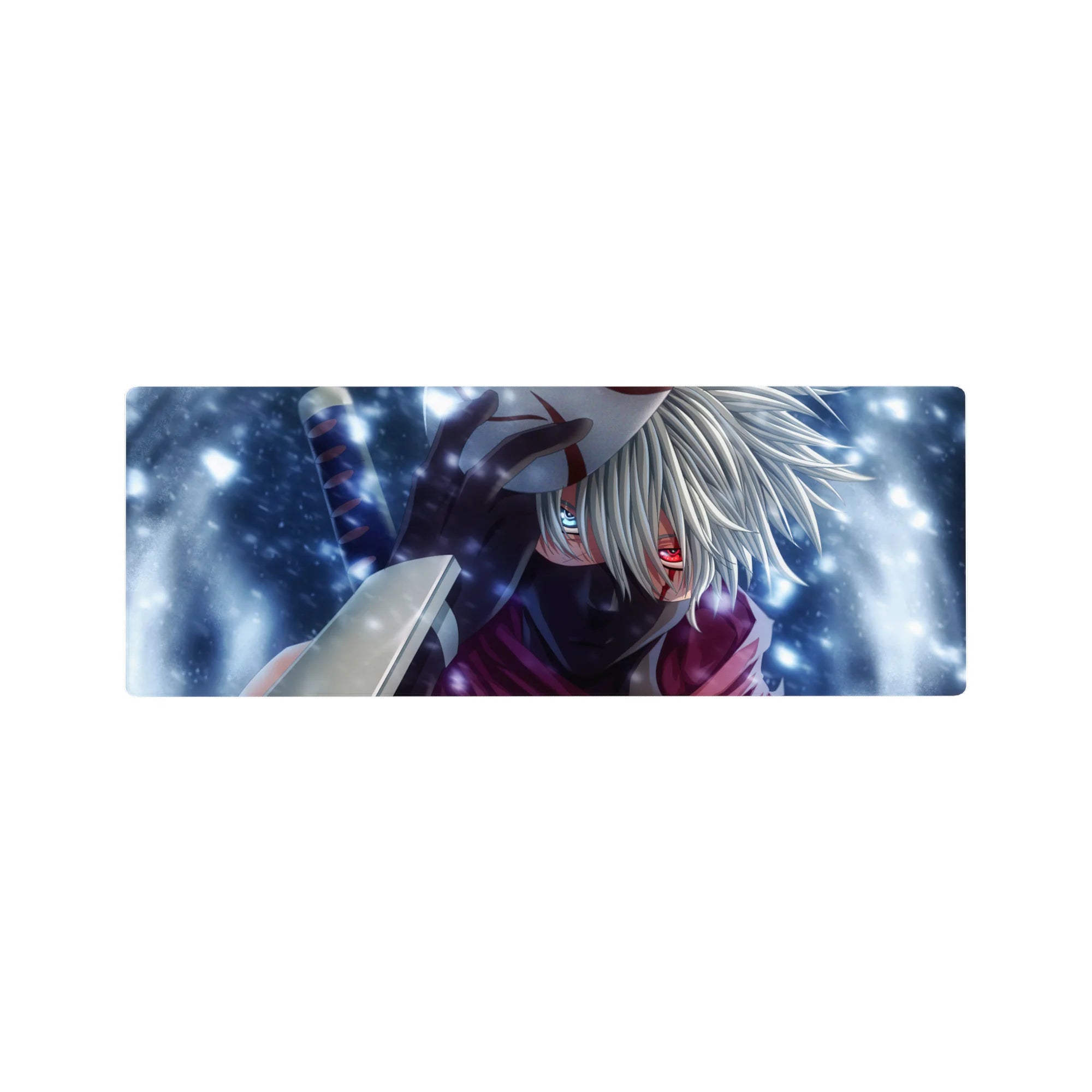 32x12 inches anime mouse pad with Kakashi mask, Sharingan eye, kunai and headband in snowy backdrop.