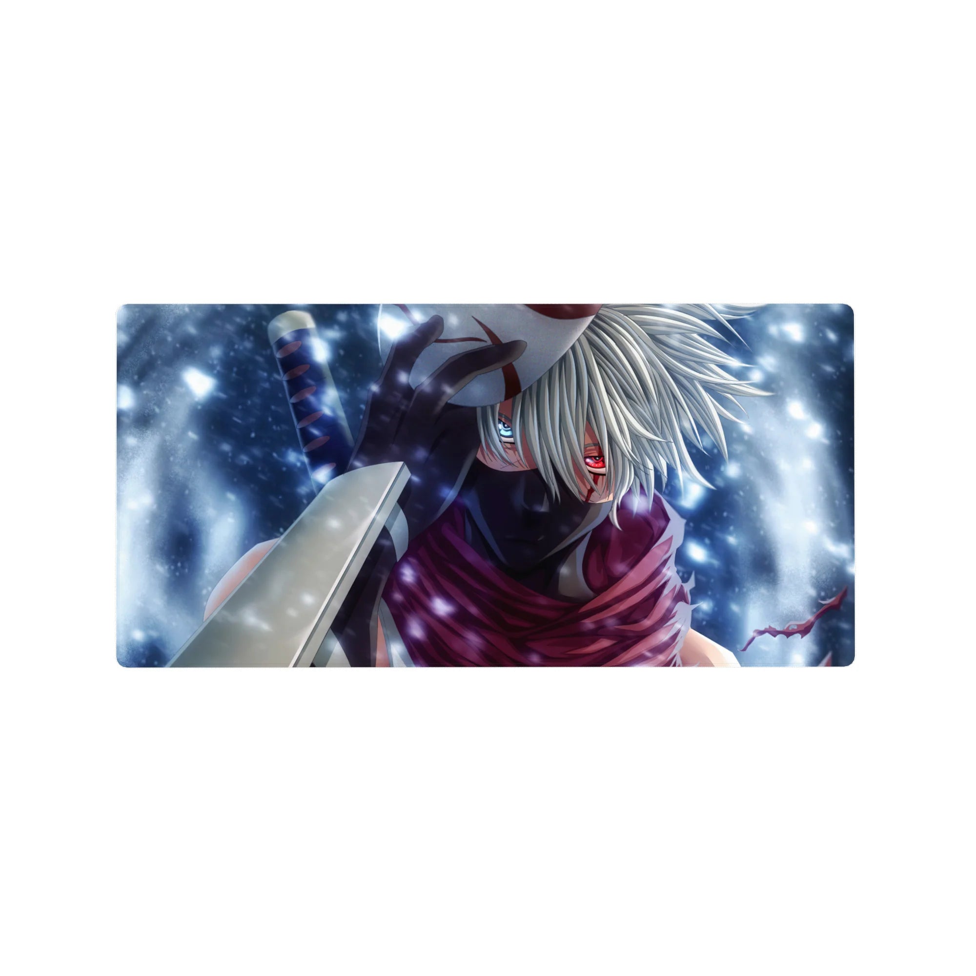 32x16 inches anime mouse pad with masked ninja, Sharingan eye, kunai, and swirling snow backdrop.