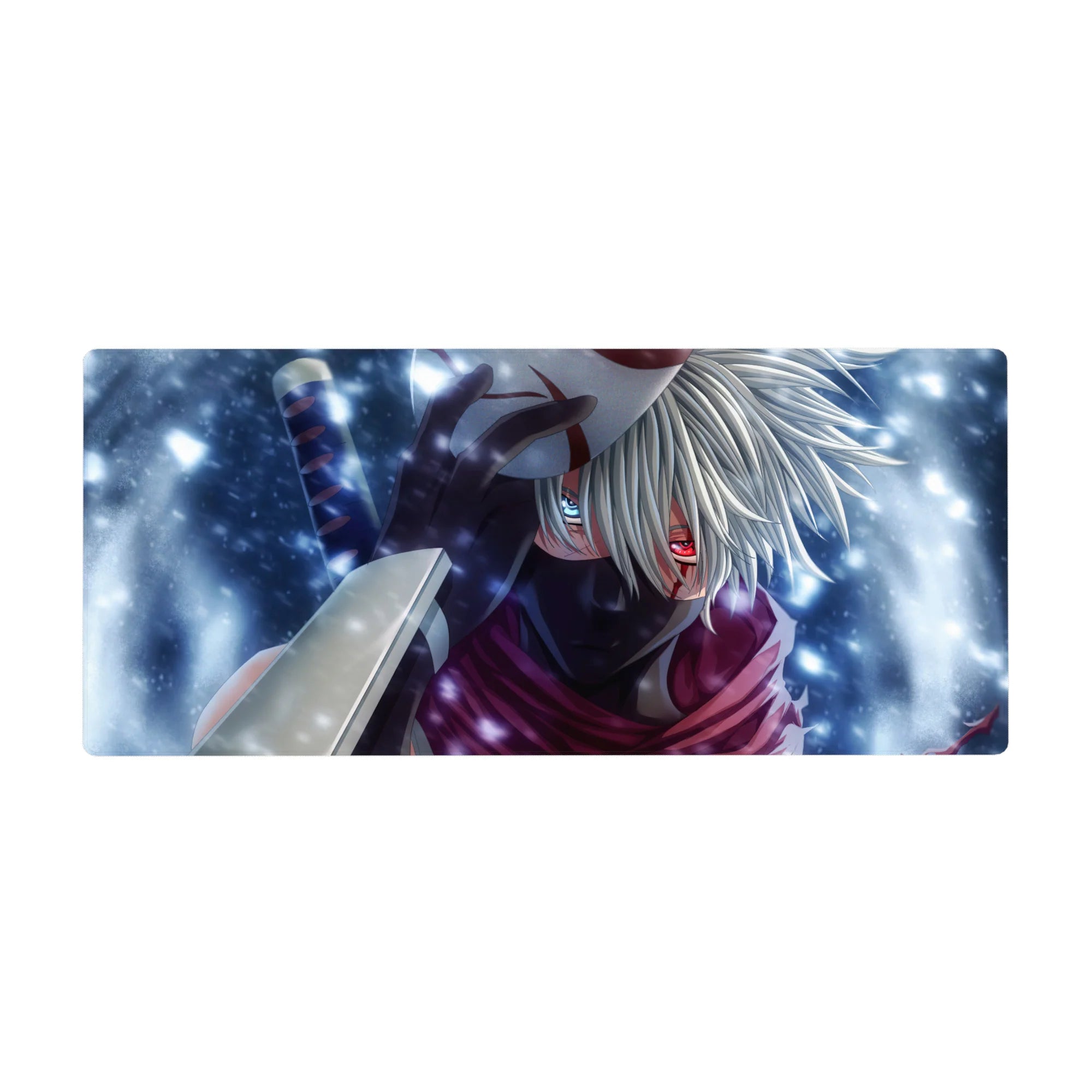 36x16 inches anime desk pad with Kakashi masked Sharingan design, kunai details, smooth gaming glide.