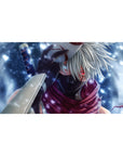 Anime desk pad 40x20 inches with masked ninja, Sharingan eye, kunai, and snowy swirl background.