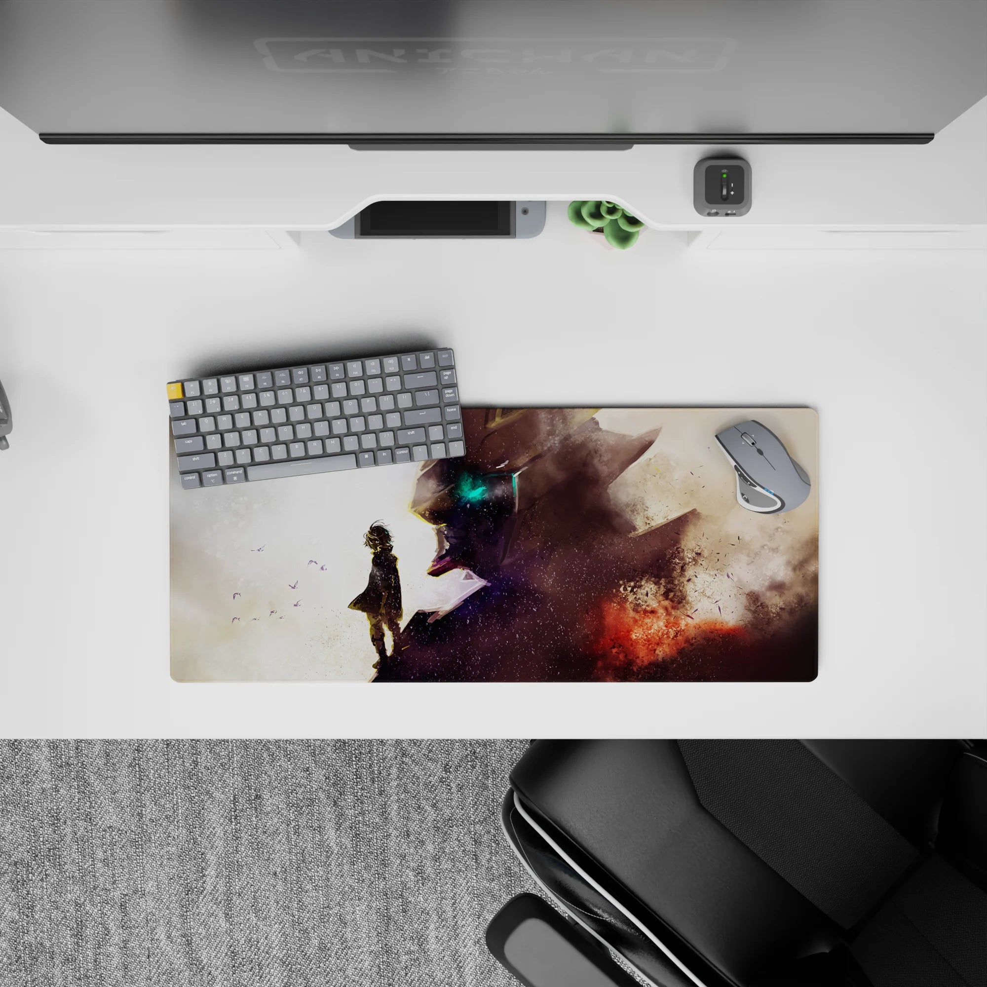 28x12 inches anime mouse pad in dusty whites to smoky violet and ember red, cinematic negative space mood.