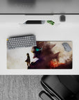 28x12 inches anime mouse pad in dusty whites to smoky violet and ember red, cinematic negative space mood.