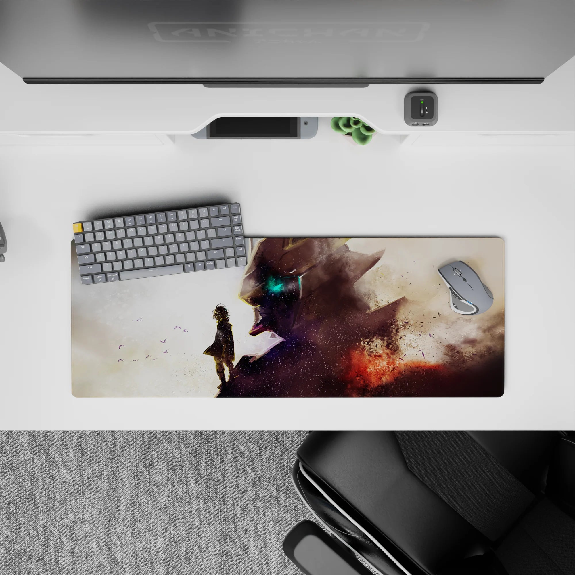32x12 inches anime mouse pad in dusty whites to smoky violet with ember red burst, cinematic mood.