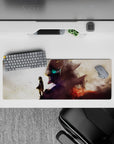 32x12 inches anime mouse pad in dusty whites to smoky violet with ember red burst, cinematic mood.