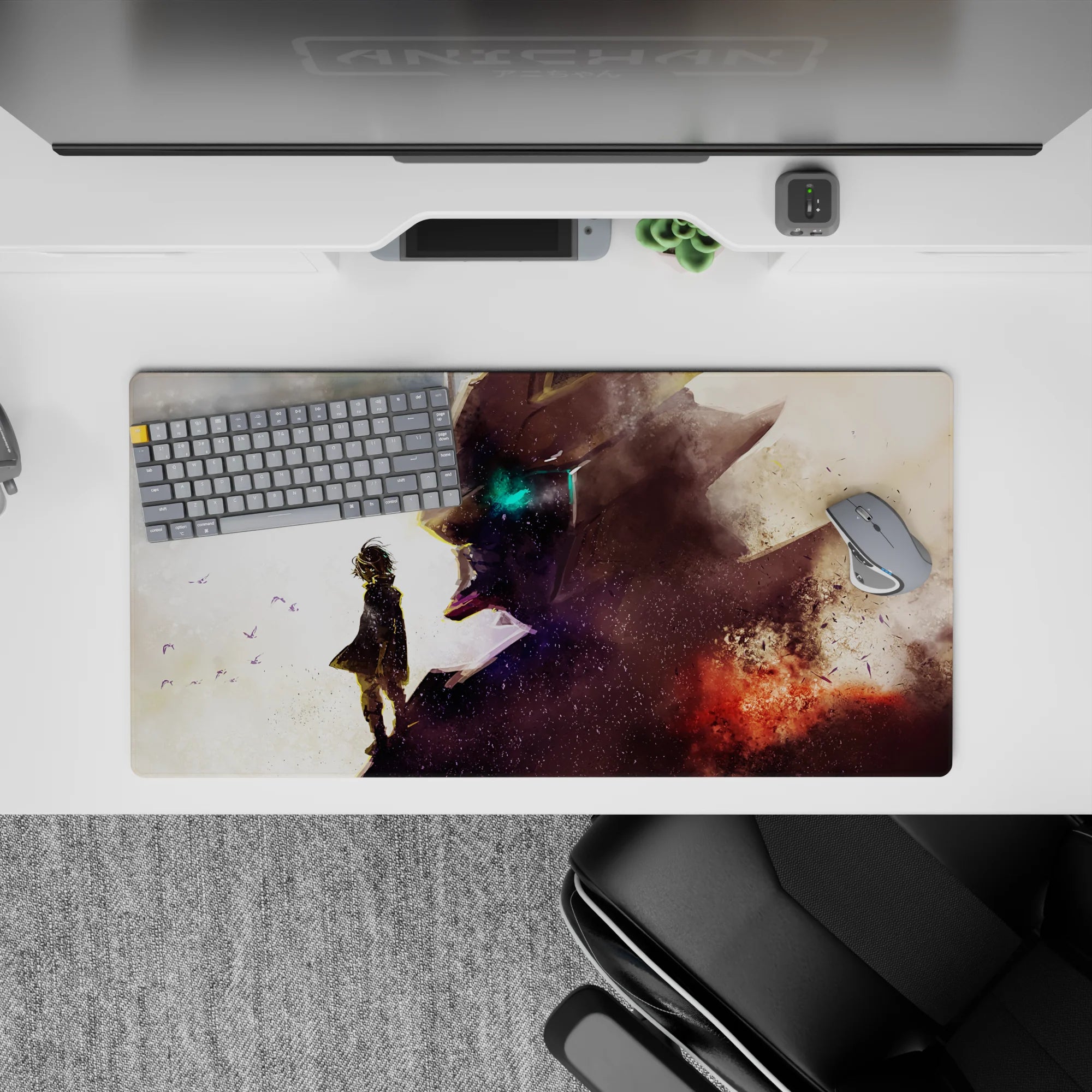 32x16 inches anime mouse pad in dusty whites to smoky violets, bursting ember red with splatter texture.