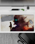 32x16 inches anime mouse pad in dusty whites to smoky violets, bursting ember red with splatter texture.