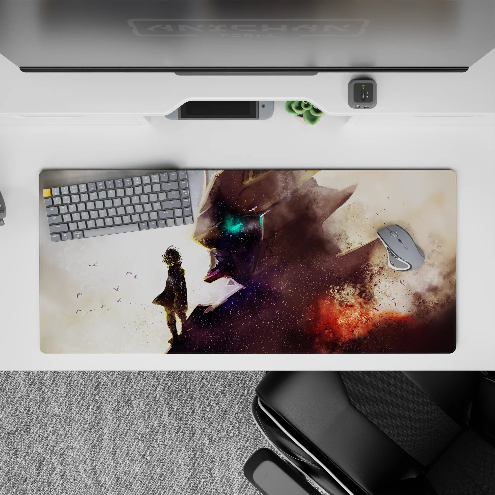 36x16 inches anime desk pad in dusty whites and smoky violets fading to ember red, cinematic and moody.
