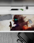 36x16 inches anime desk pad in dusty whites and smoky violets fading to ember red, cinematic and moody.