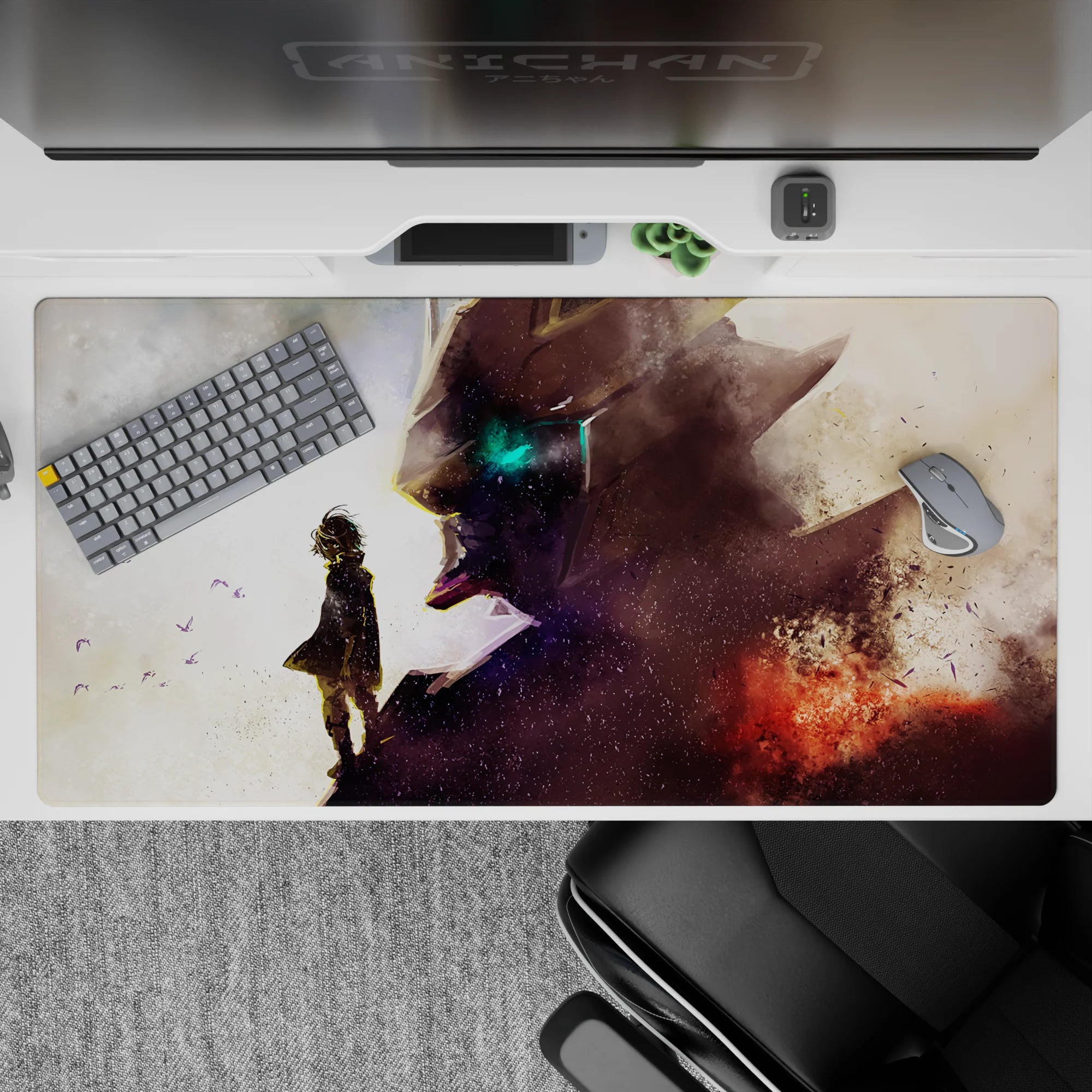 40x20 inches anime desk pad in dusty whites to smoky violets, bursting ember red, cinematic negative space.
