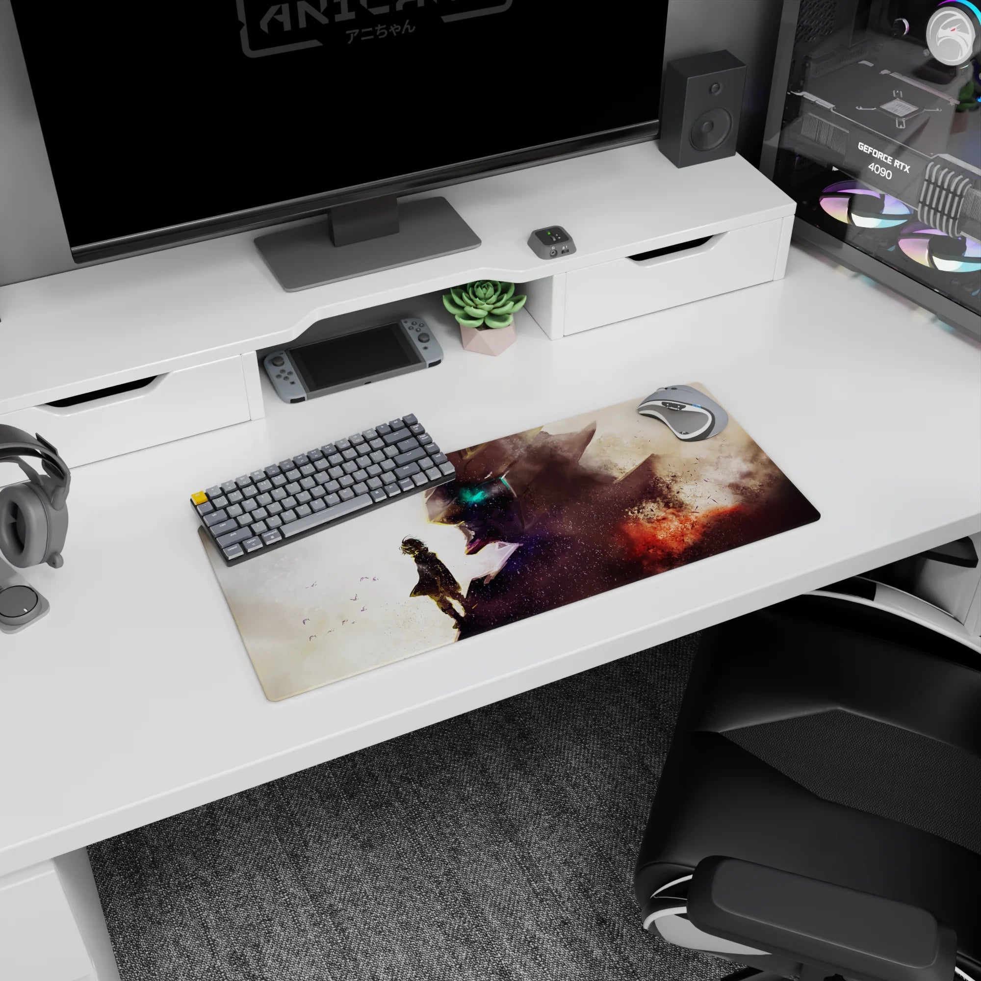 28x12 inches anime mouse pad featuring lone child in fluttering cloak staring up at a towering mecha.