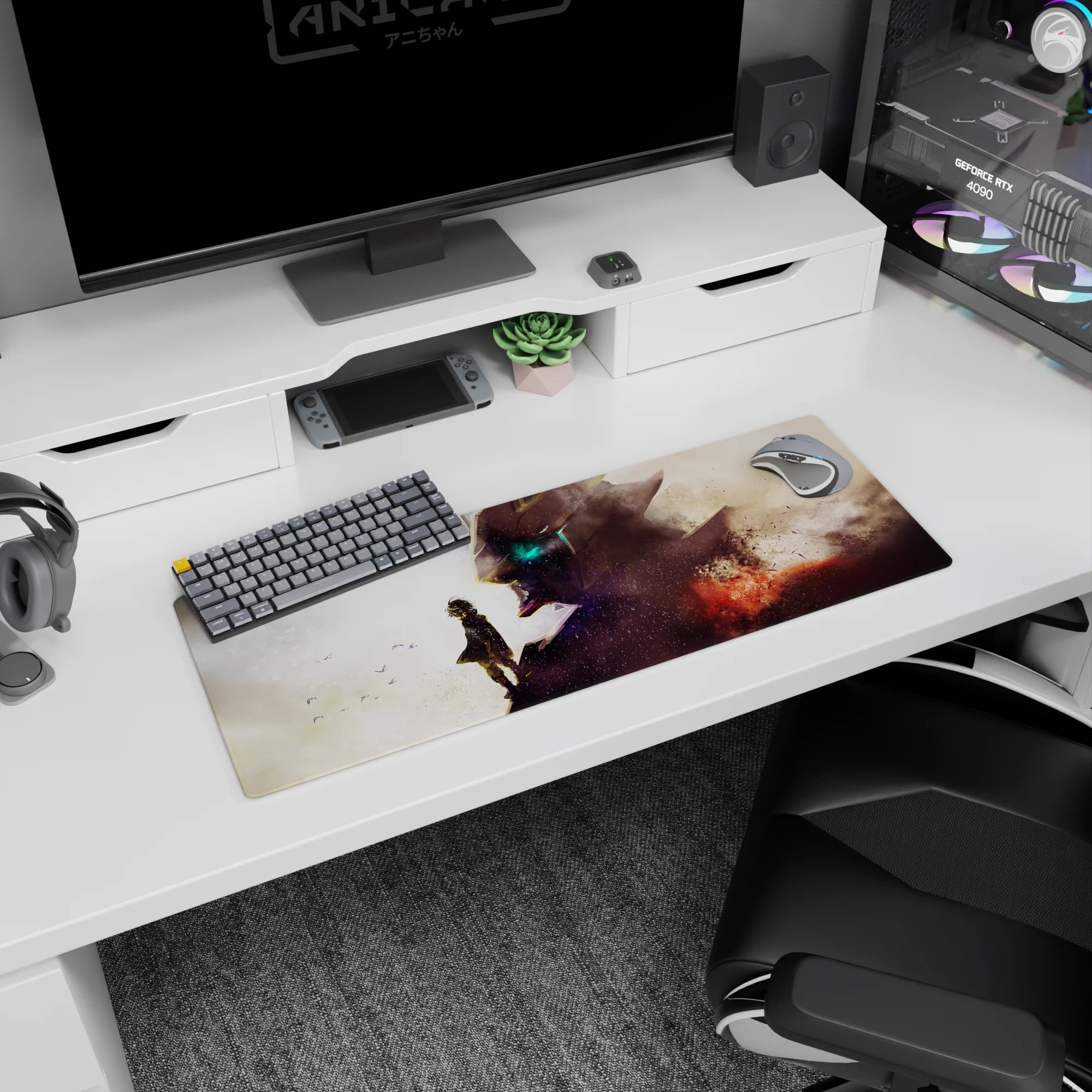 32x12 inches anime mouse pad showing cloaked child silhouette before giant robot face, splatter texture.