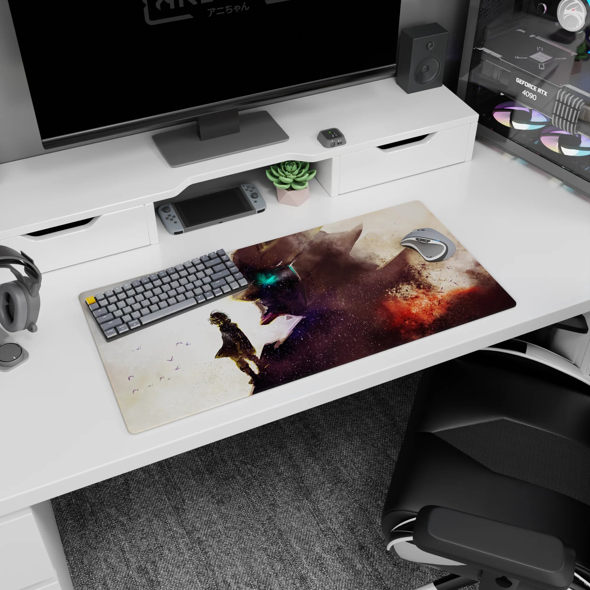 32x16 inches anime mouse pad showing a lone child in fluttering cloak staring up at a giant robot eye.