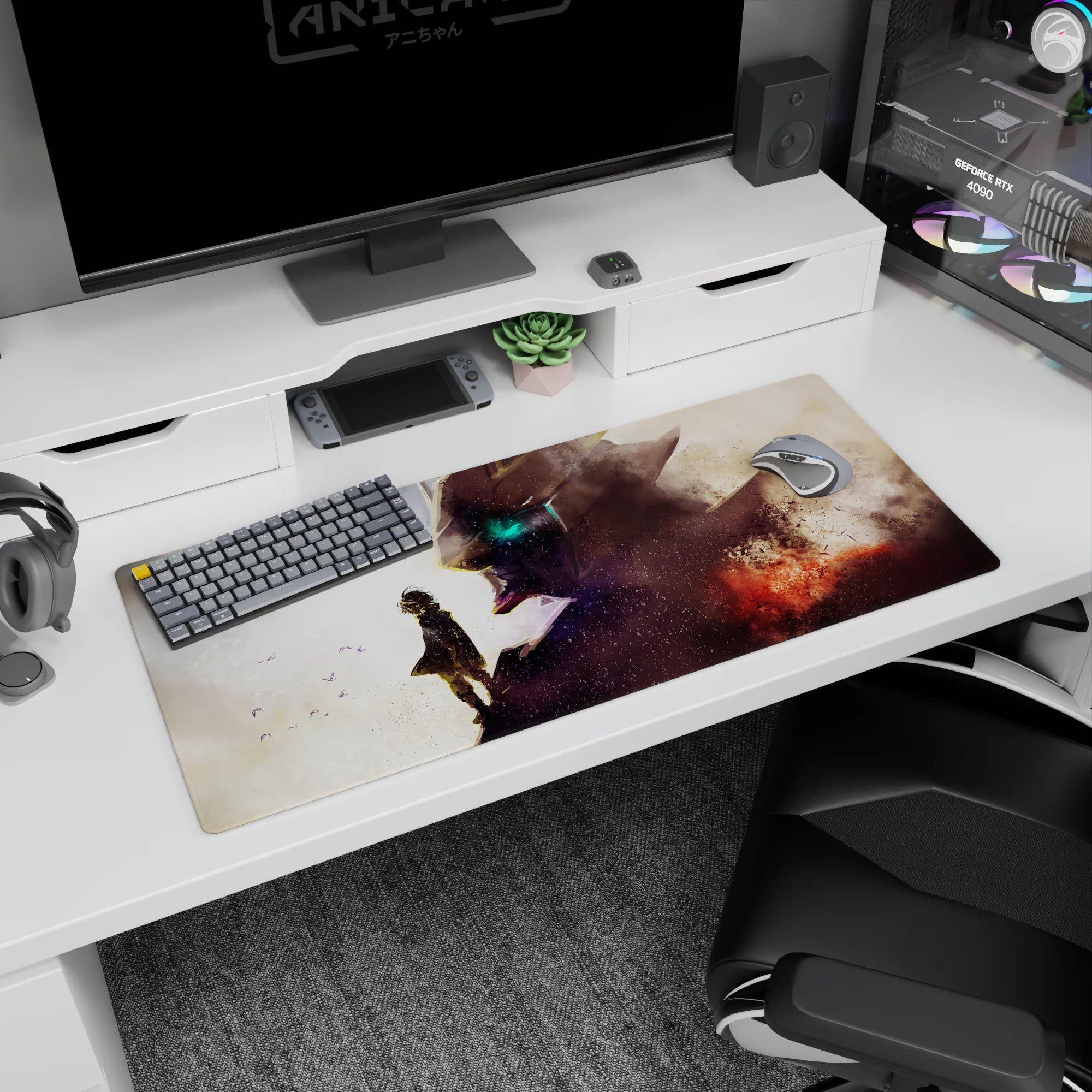 36x16 inches anime desk pad showing a lone child in a fluttering cloak staring up at a giant mech eye.